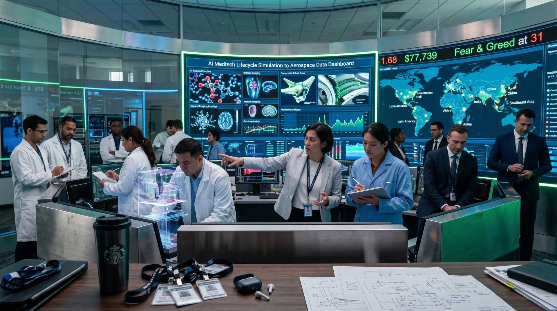 Abstract AI visualization of medtech lifecycle with aerospace elements, global map, and market indicators on futuristic digital interface