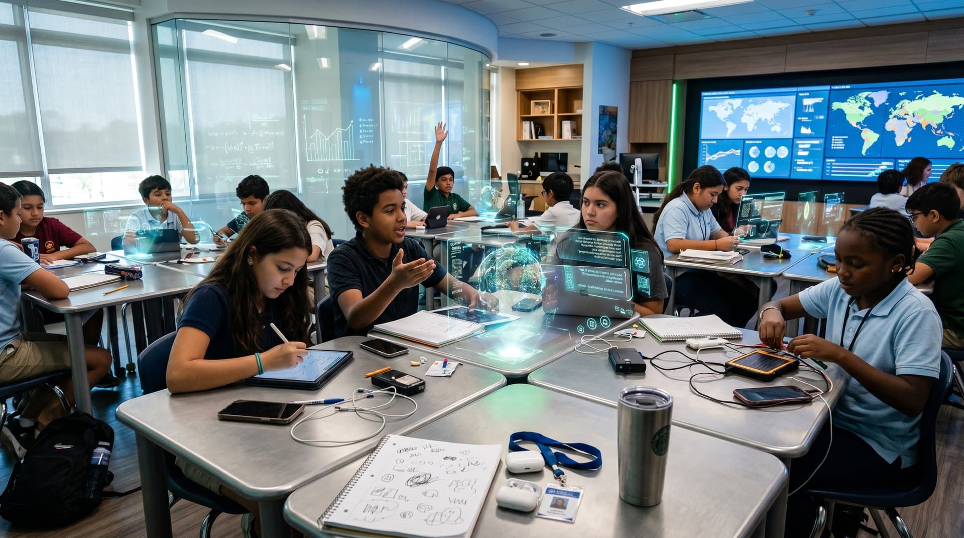 Diverse global students engage with holographic AI tutors and blockchain elements in equitable edtech classroom