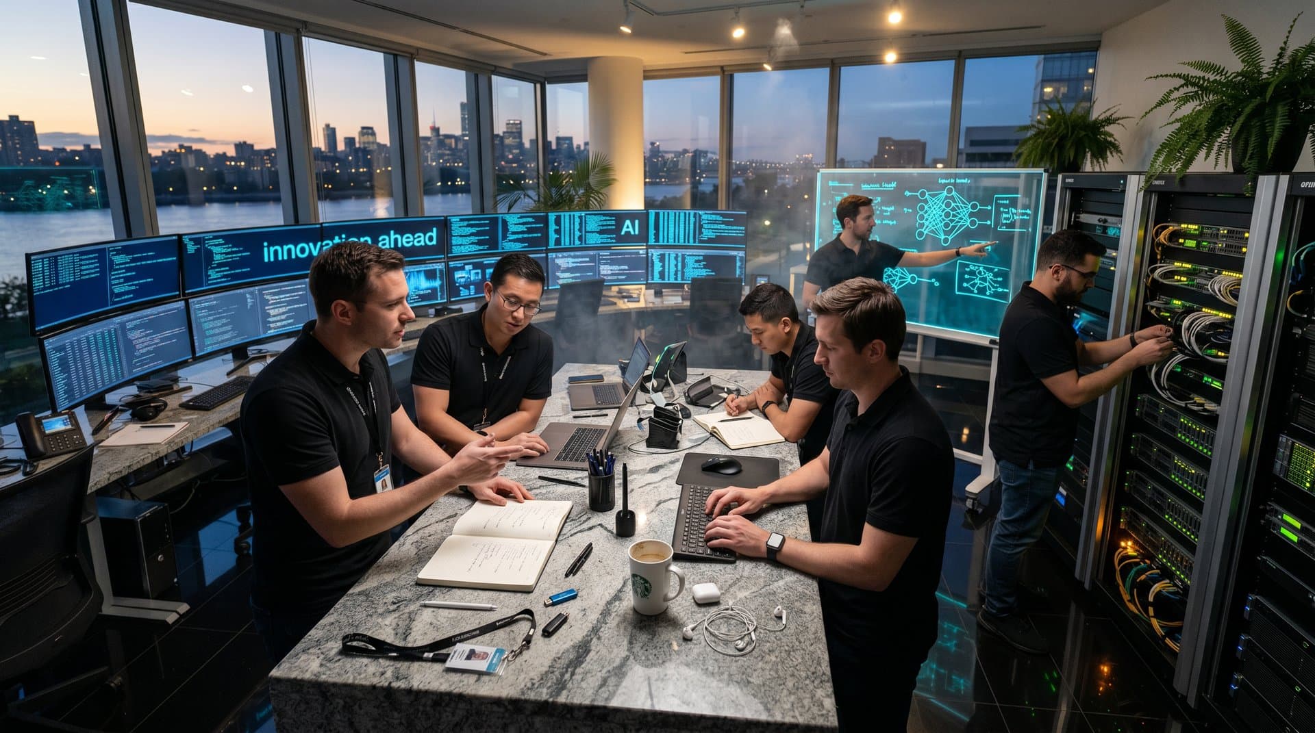 Abstract view of repetitive AI text outputs on lab monitors with neural diagrams and server lights symbolizing tech predictability