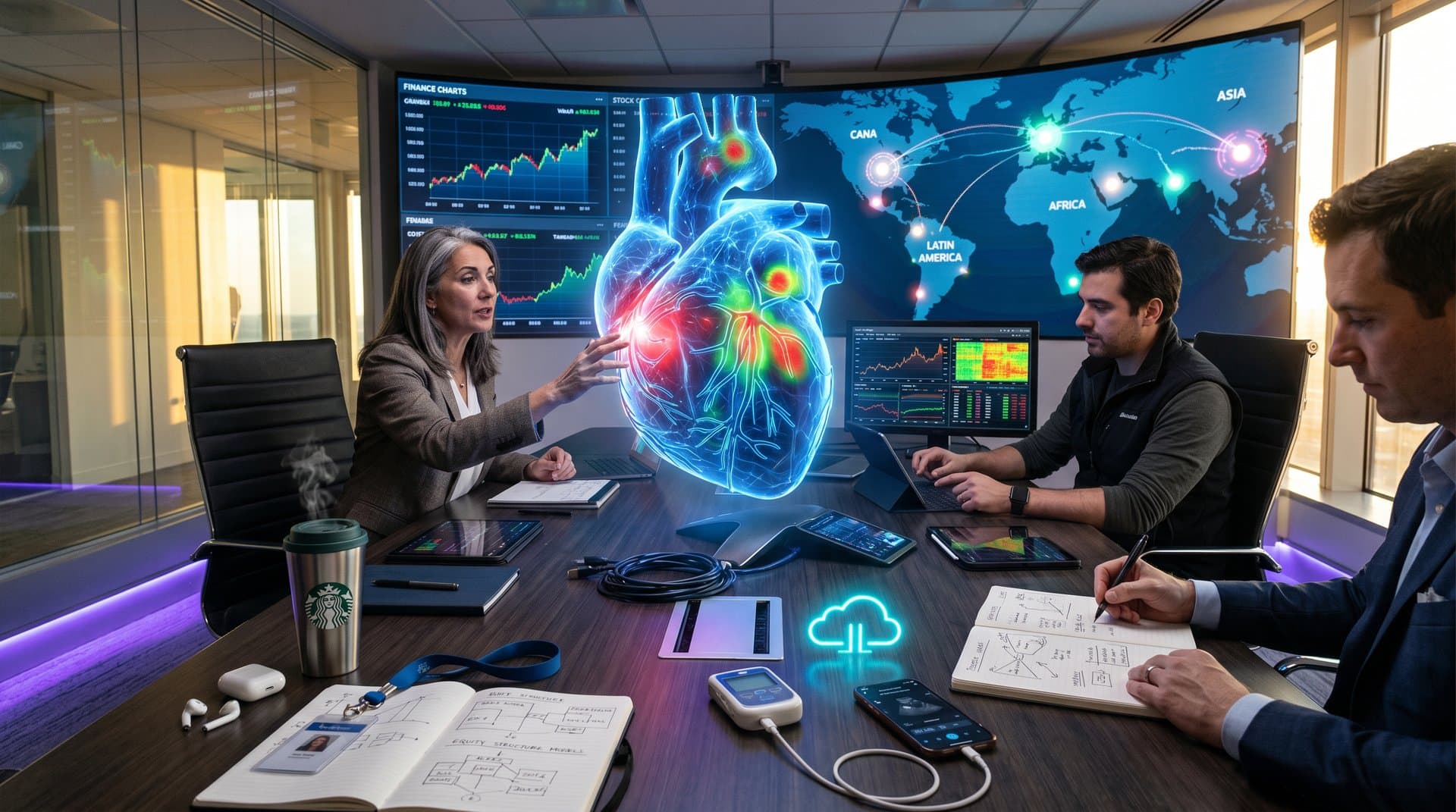 Futuristic holographic 3D human heart model with AI neural networks, heatmap overlays, and global map highlighting Africa, Asia, Latin America