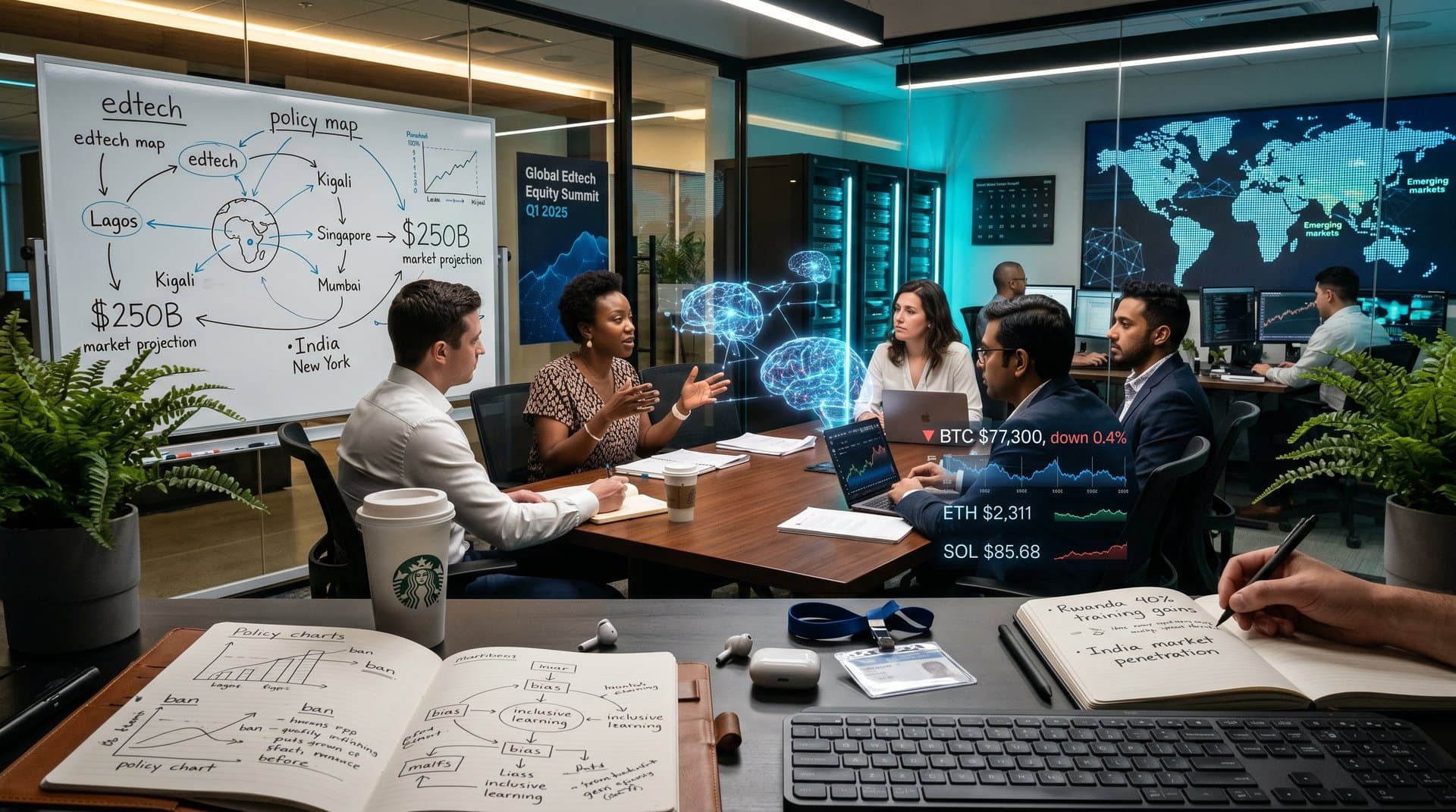 Ethical AI classrooms workspace with holograms, charts, and global edtech elements in modern office setting