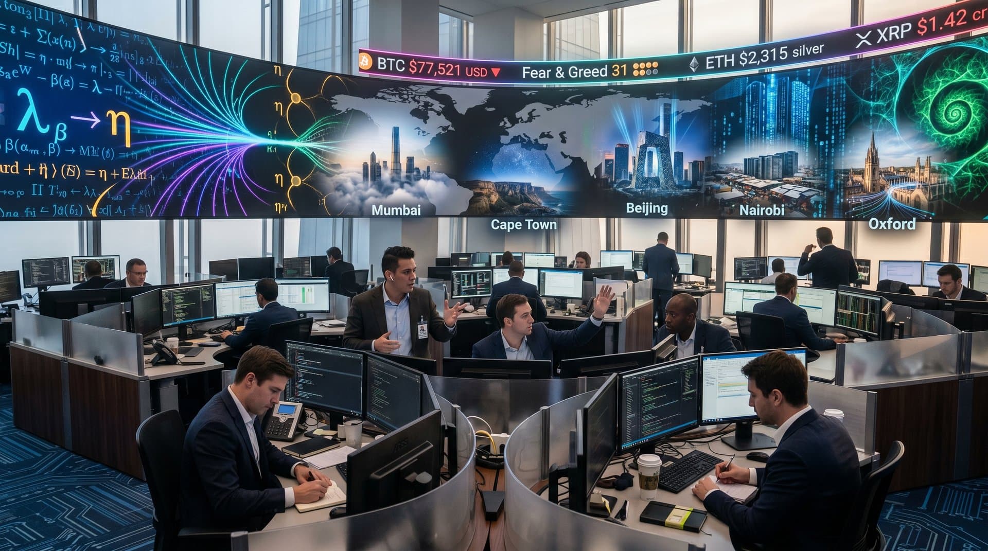 Glowing lambda calculus equations and global map with crypto tickers in futuristic fintech style