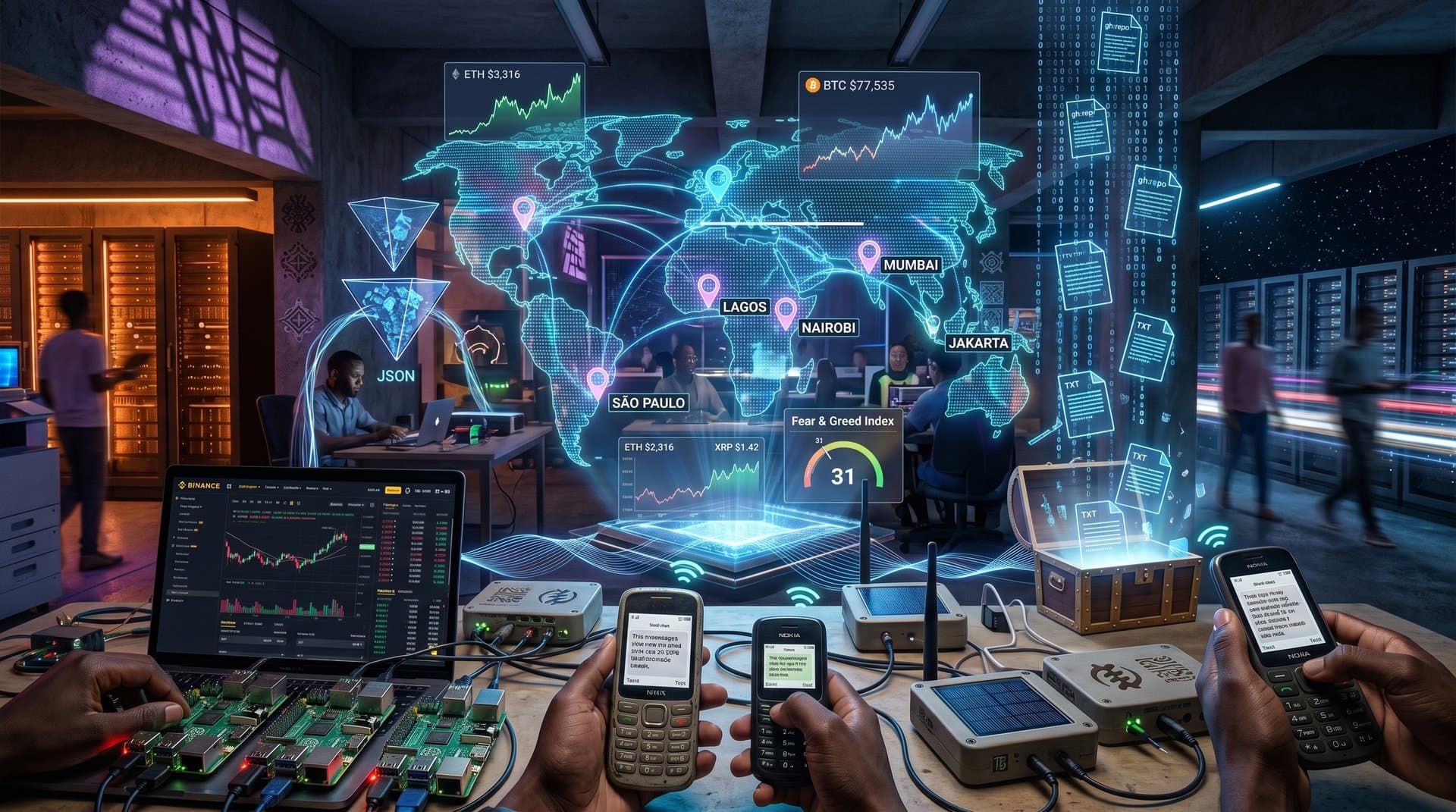 Abstract flows of plain text code, crypto charts, and global emerging market maps in futuristic tech style