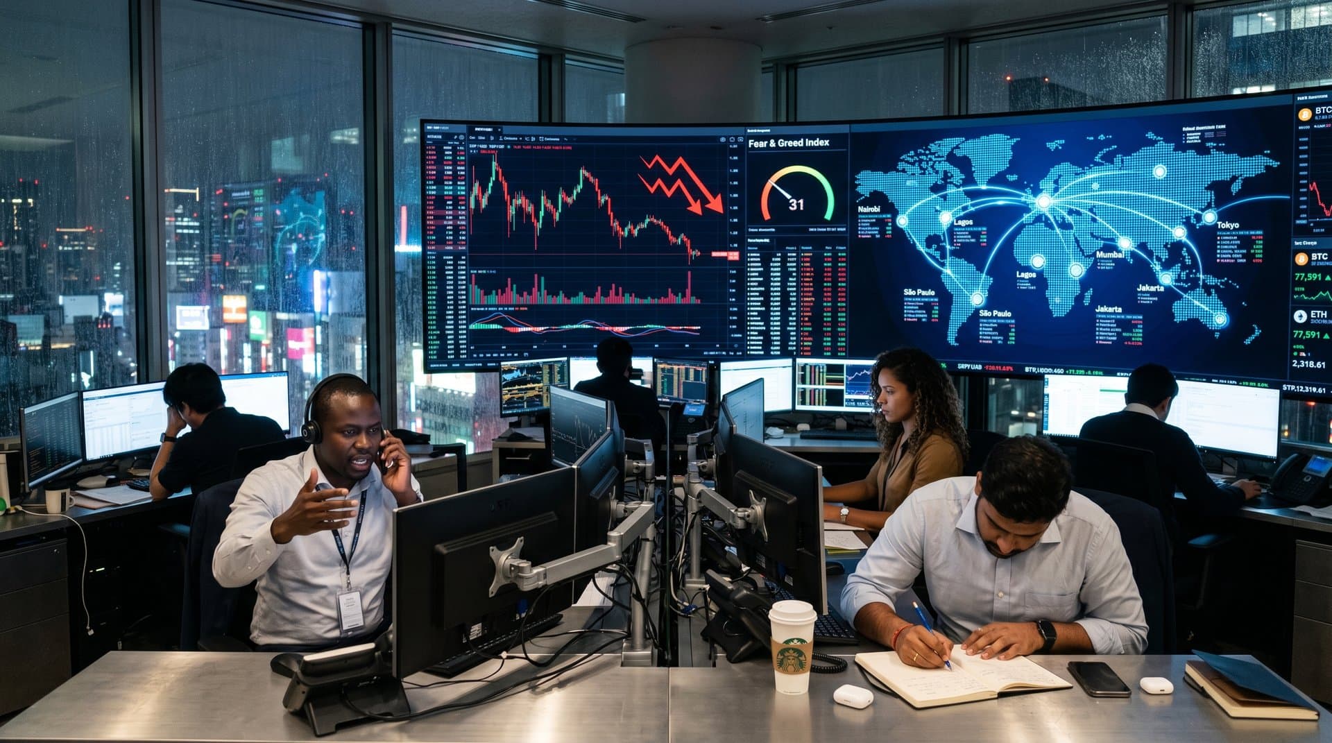 Digital charts of XRP at $1.42, Fear & Greed at 31, global crypto market data in cyberpunk style