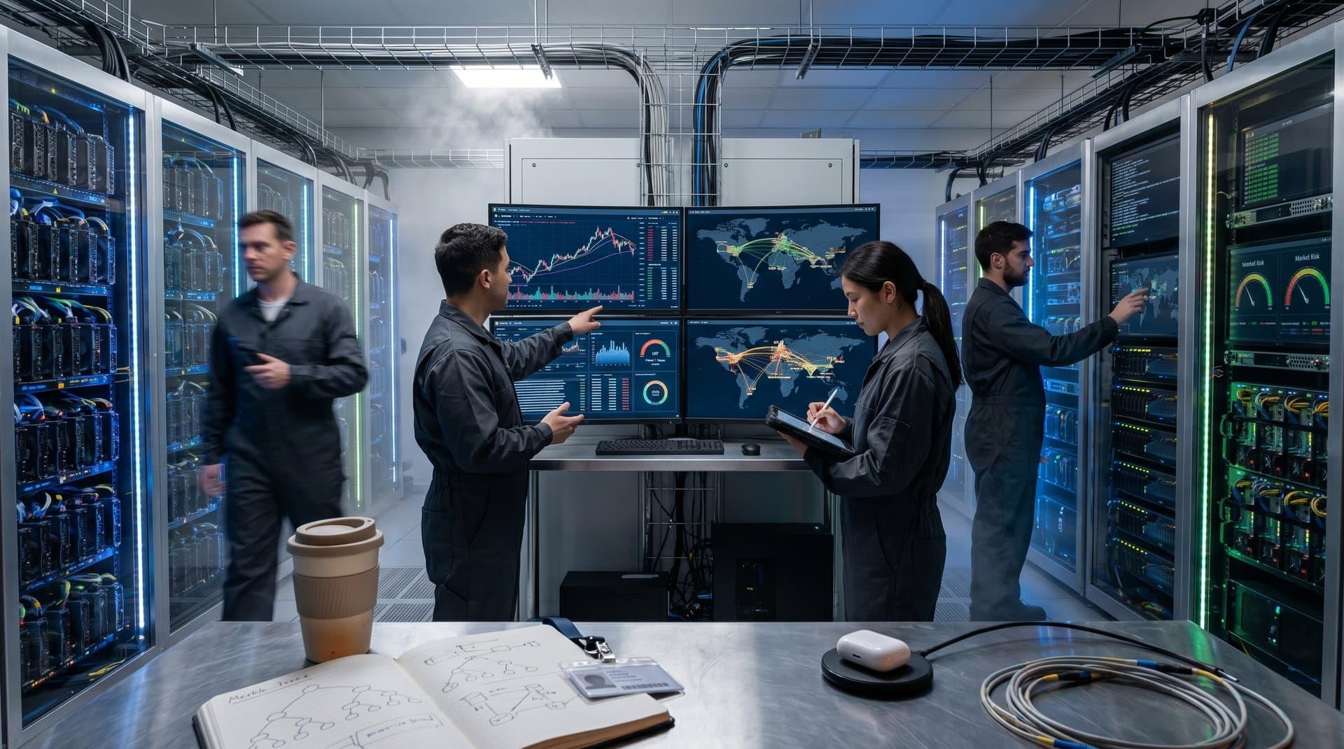 Blockchain data center with servers, dashboards showing Bitcoin prices, Fear & Greed Index, and global nodes