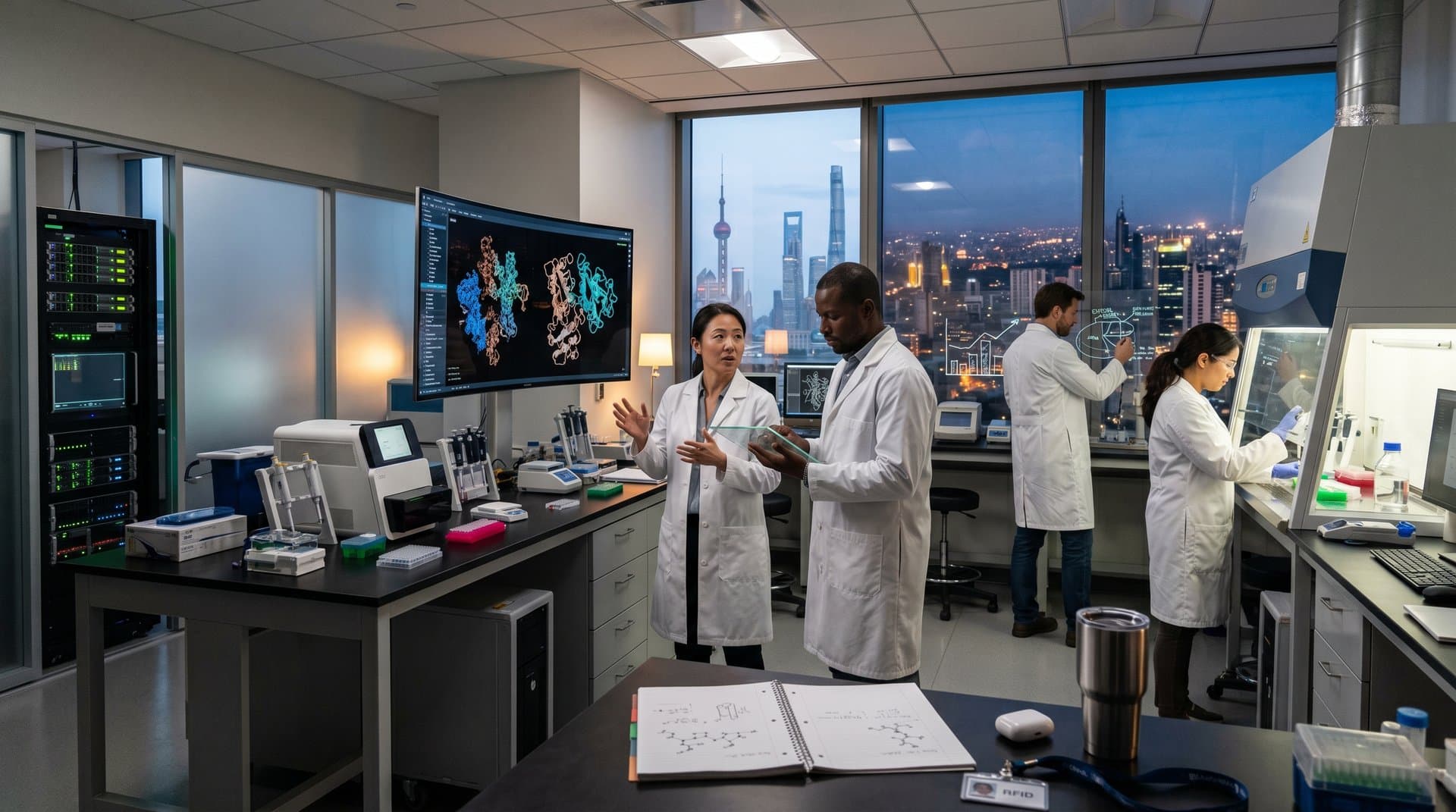 Biotech researchers collaborate on Alzheimer's protein models in a high-tech lab with screens, tables, and server racks.