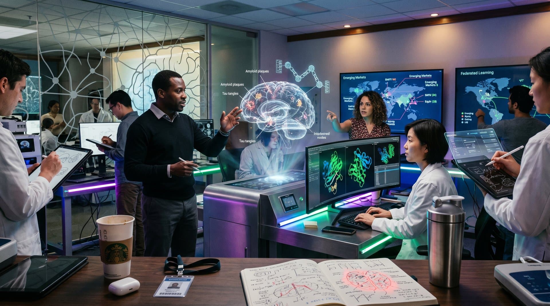 Abstract diverse scientists in high-tech lab viewing holographic AI brain models and blockchain networks for Alzheimer's research