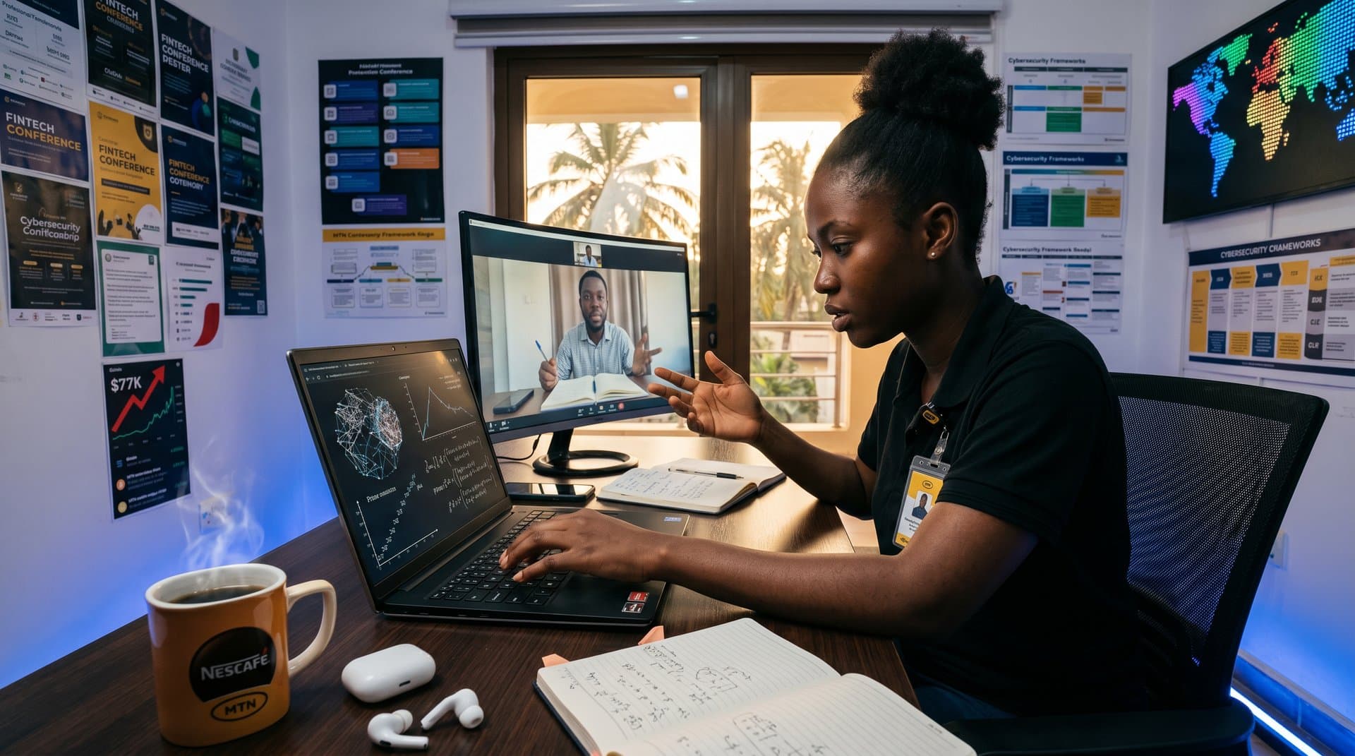 Home office scene with ChatGPT interface showing Erdős proofs, Bitcoin charts at $77K, and global fintech elements for AI cybersecurity innovation