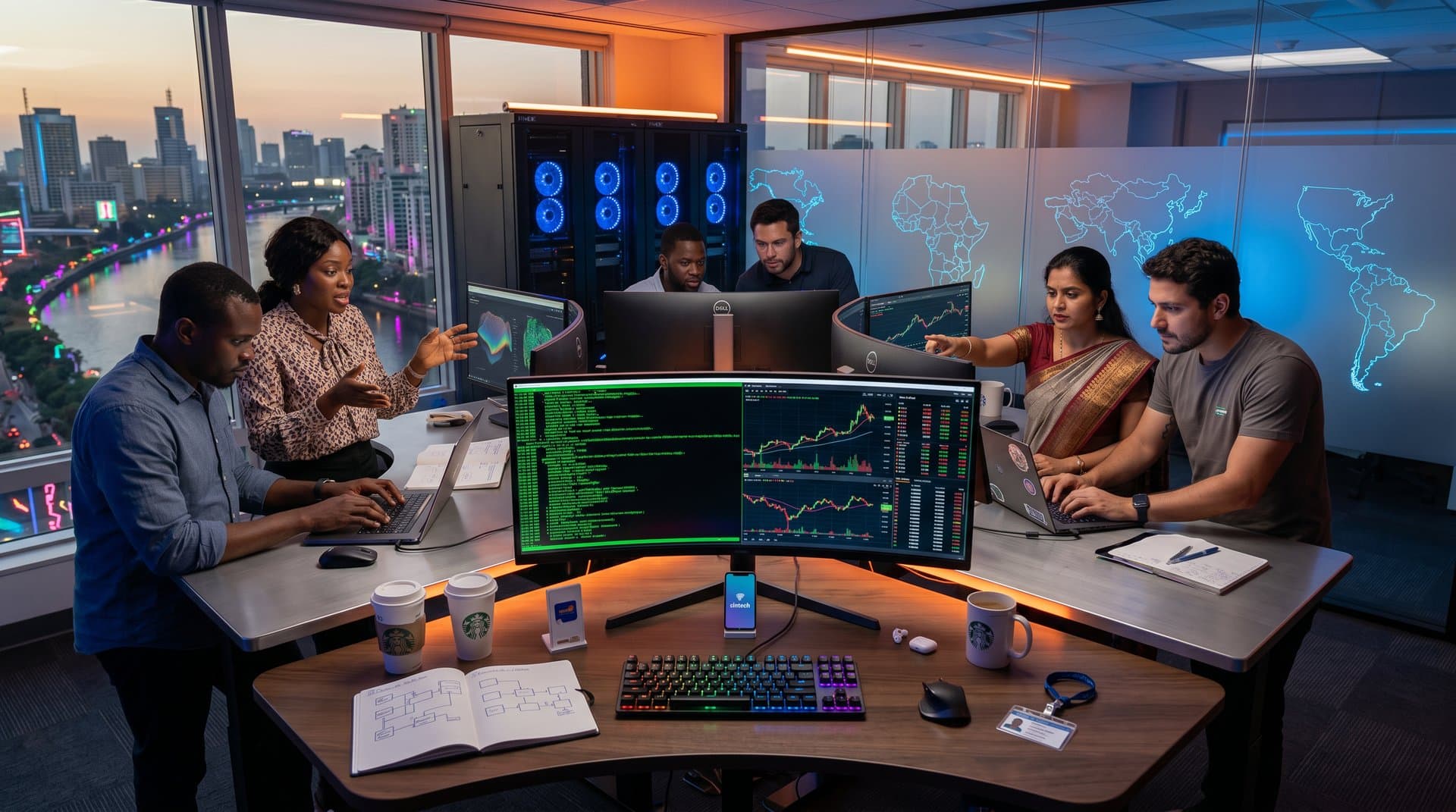 AI lab with ultrawide monitors displaying generated code, server racks, and crypto charts overlooking a city river.