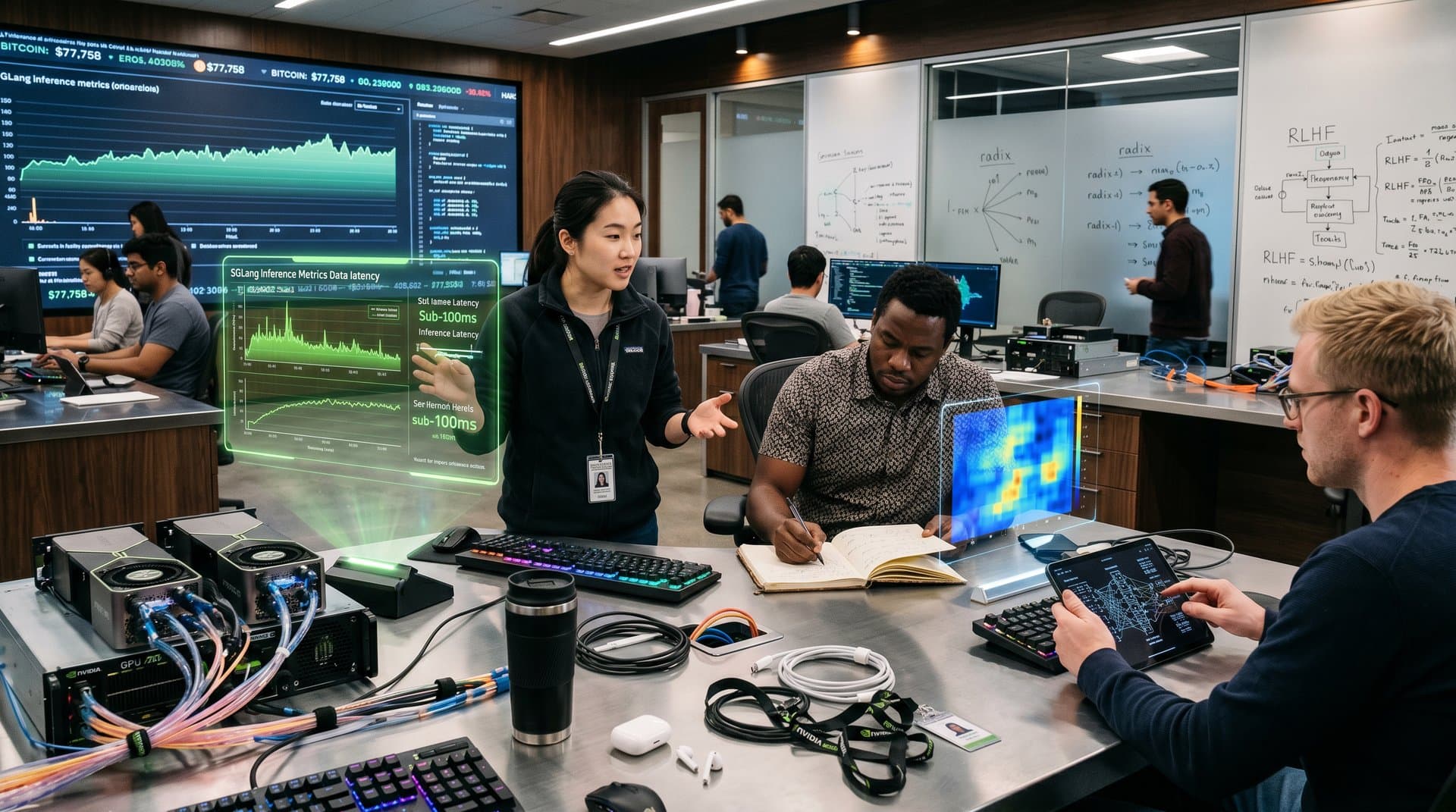 Abstract developers collaborate on DeepSeek-V4 inference and RL dashboards amid GPU servers and crypto tickers in modern AI lab