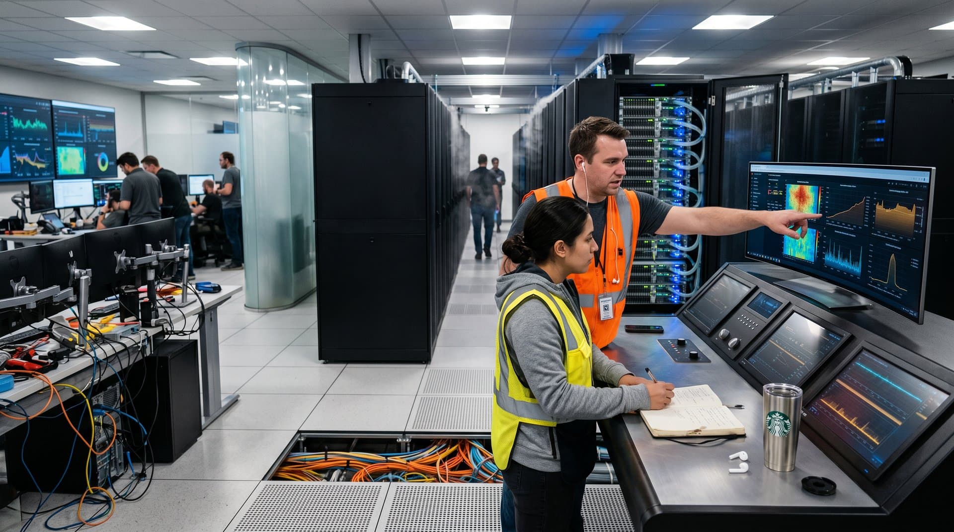High-tech data center with glowing servers, cybersecurity monitors, and geothermal controls under blue LED lights