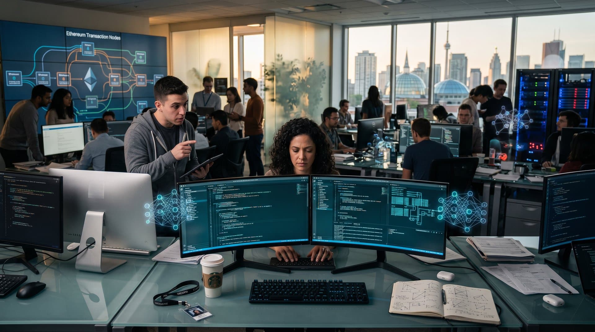 Futuristic AI coding workspace with glowing code, neural holograms, and global fintech elements