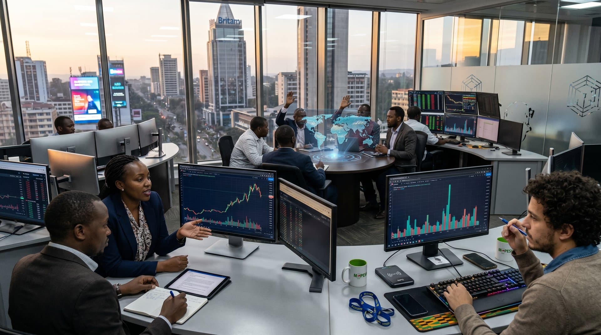 Fintech traders monitor crypto charts including BTC at $78,100 on multi-screen setups in a modern emerging markets trading hub
