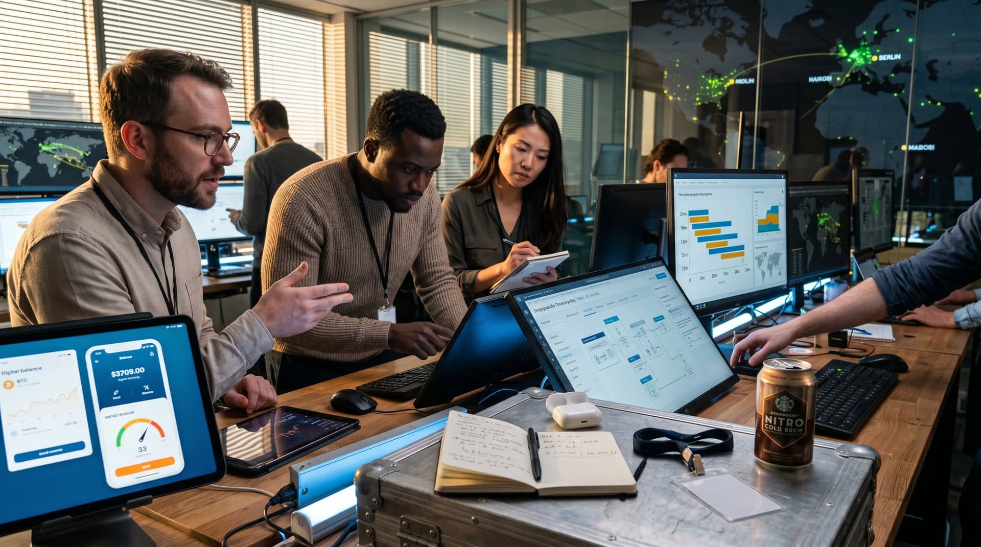 Global fintech professionals discuss EU age controls, digital IDs, and blockchain in modern office with charts and regulatory screens