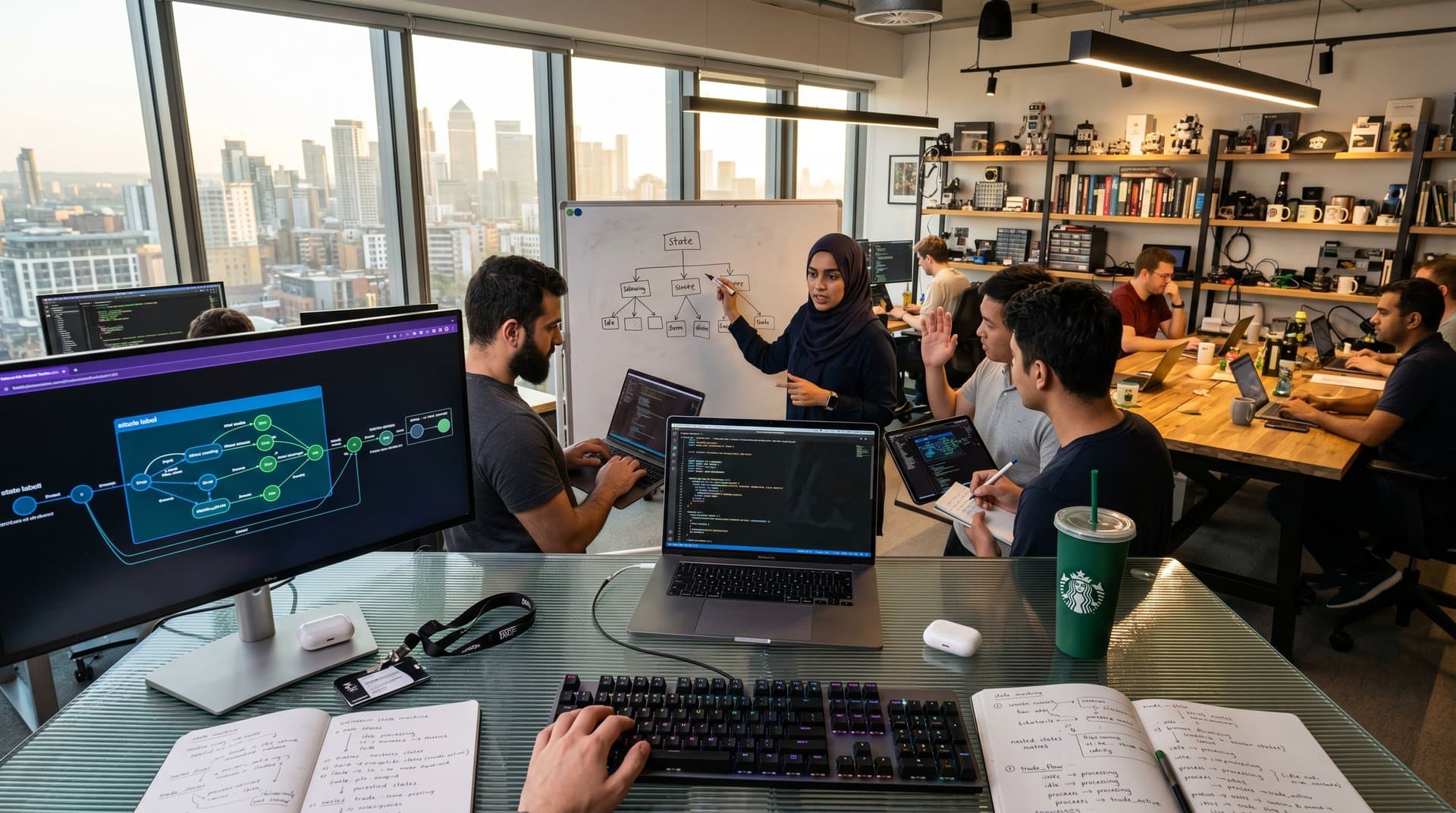 Diverse engineers collaborate on statechart diagrams in modern tech workspace overlooking city skyline