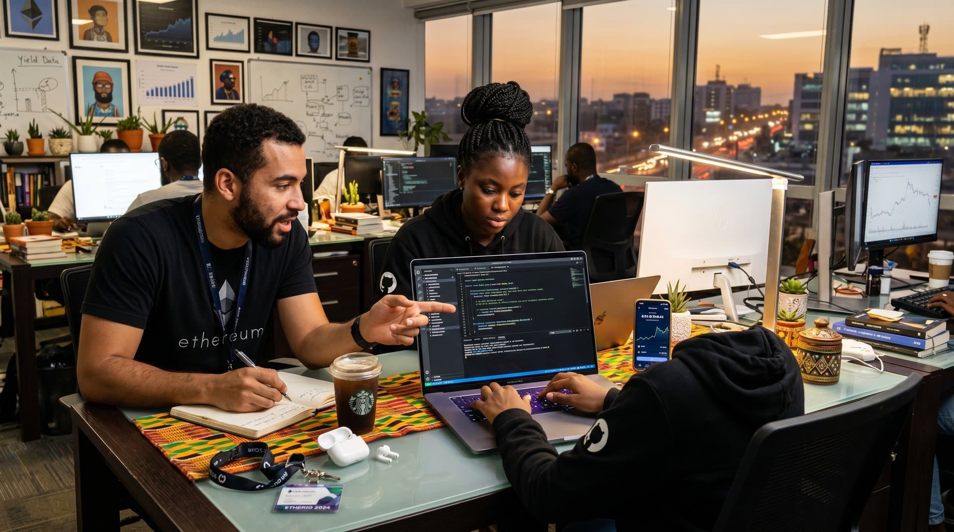 Laptop screen with AI coding tools generating blockchain code, Bitcoin chart, and mobile wallet on diverse hobbyist desk