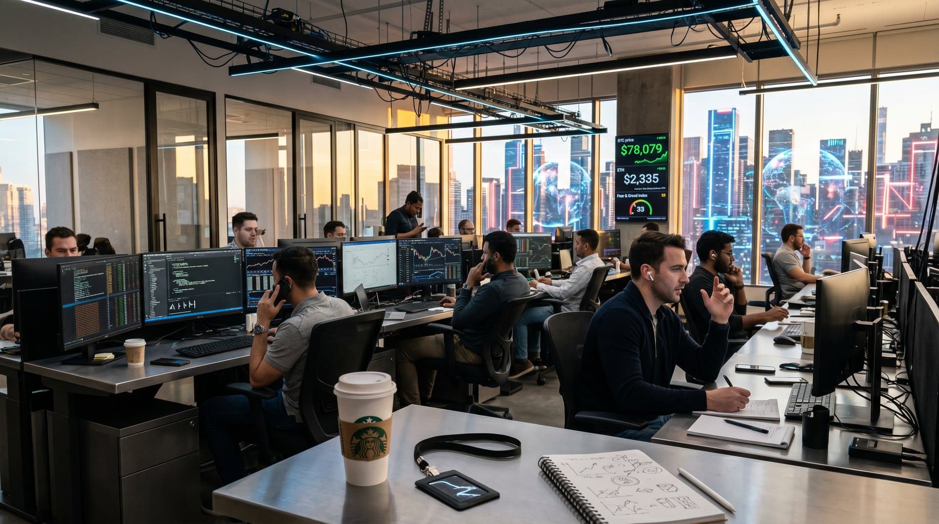 Trading floor monitors BTC at $78,079 charts and Fear & Greed at 33 amid blockchain market activity