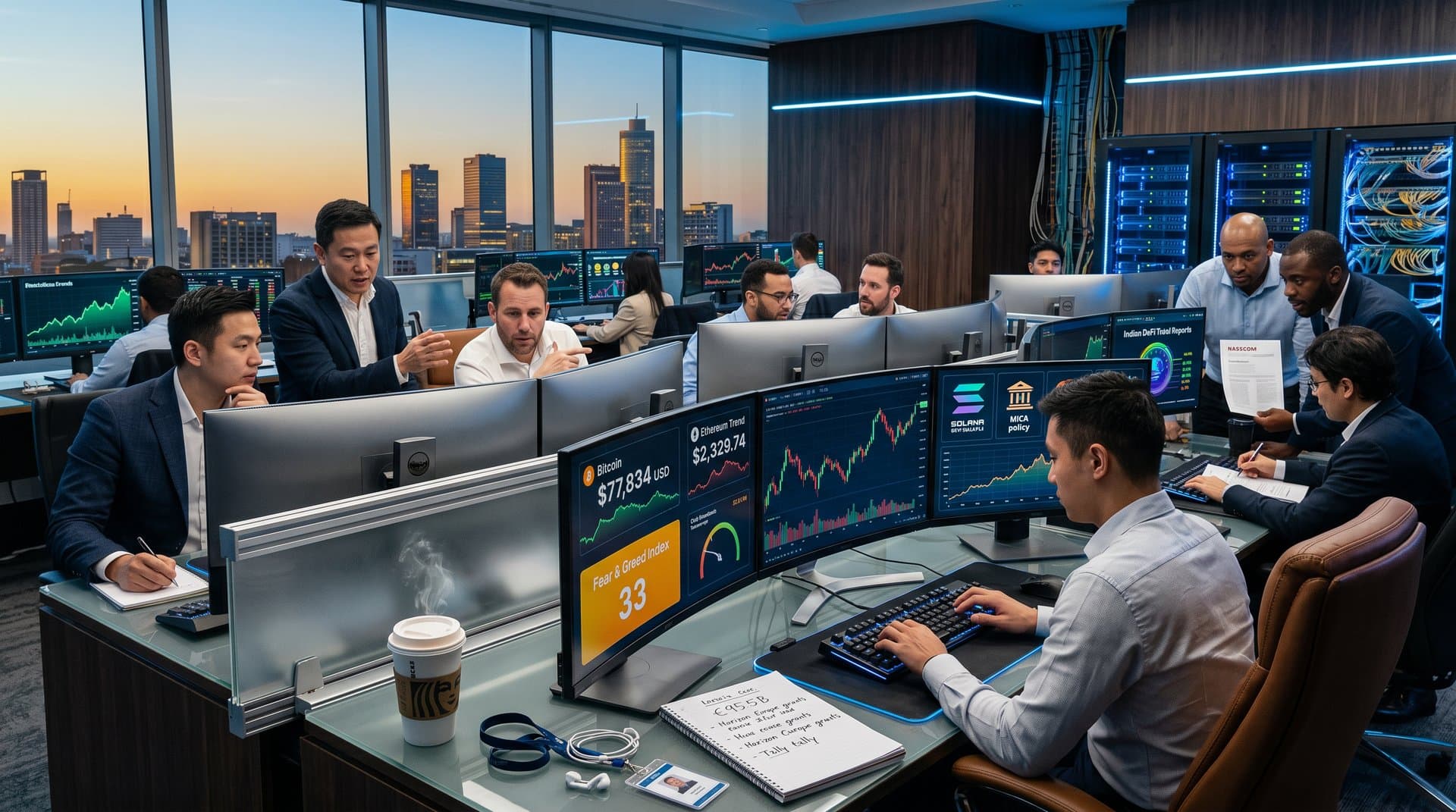Diverse global traders analyze blockchain charts and BTC prices on trading floor with city skyline view