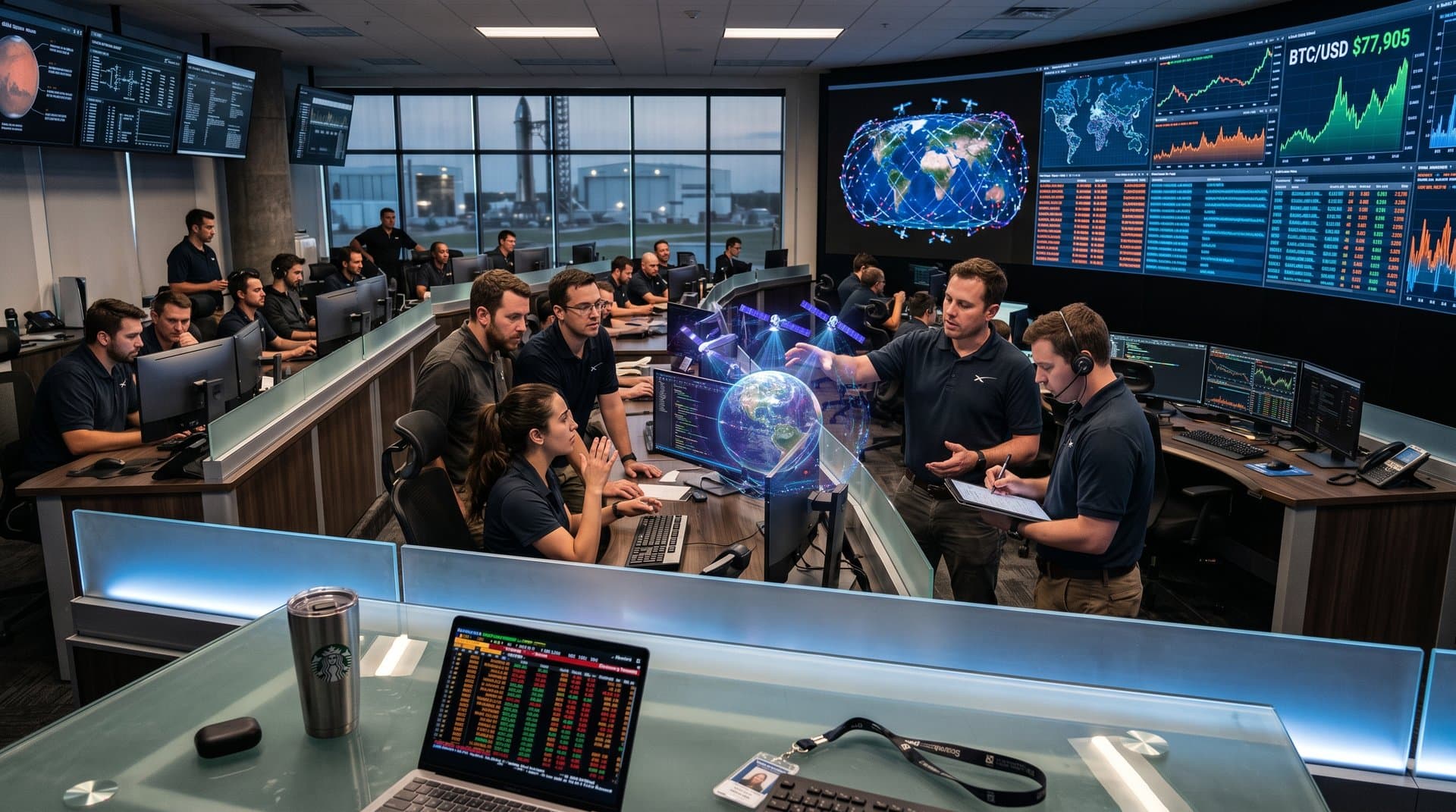 Futuristic SpaceX control room with video wall showing Starlink orbits and blockchain crypto charts overlooking rocket hangars