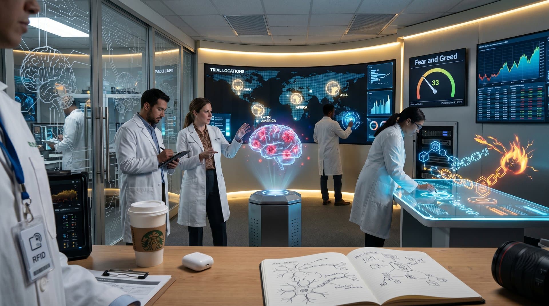 Futuristic lab with holographic Alzheimer's brain scans, blockchain security visuals, and global trial maps amid crypto charts