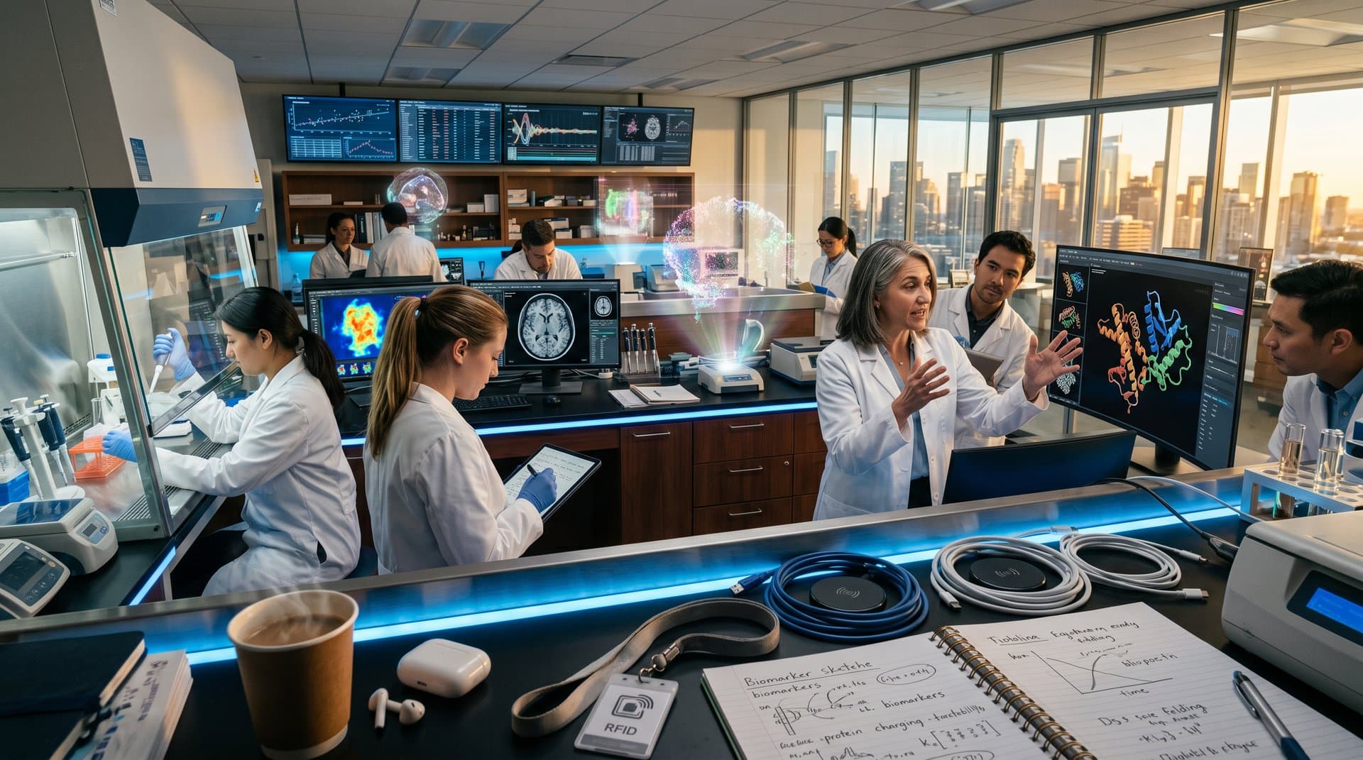 Diverse biotech lab team silhouettes analyzing AI Alzheimer's models on advanced screens in modern glass-walled innovation space