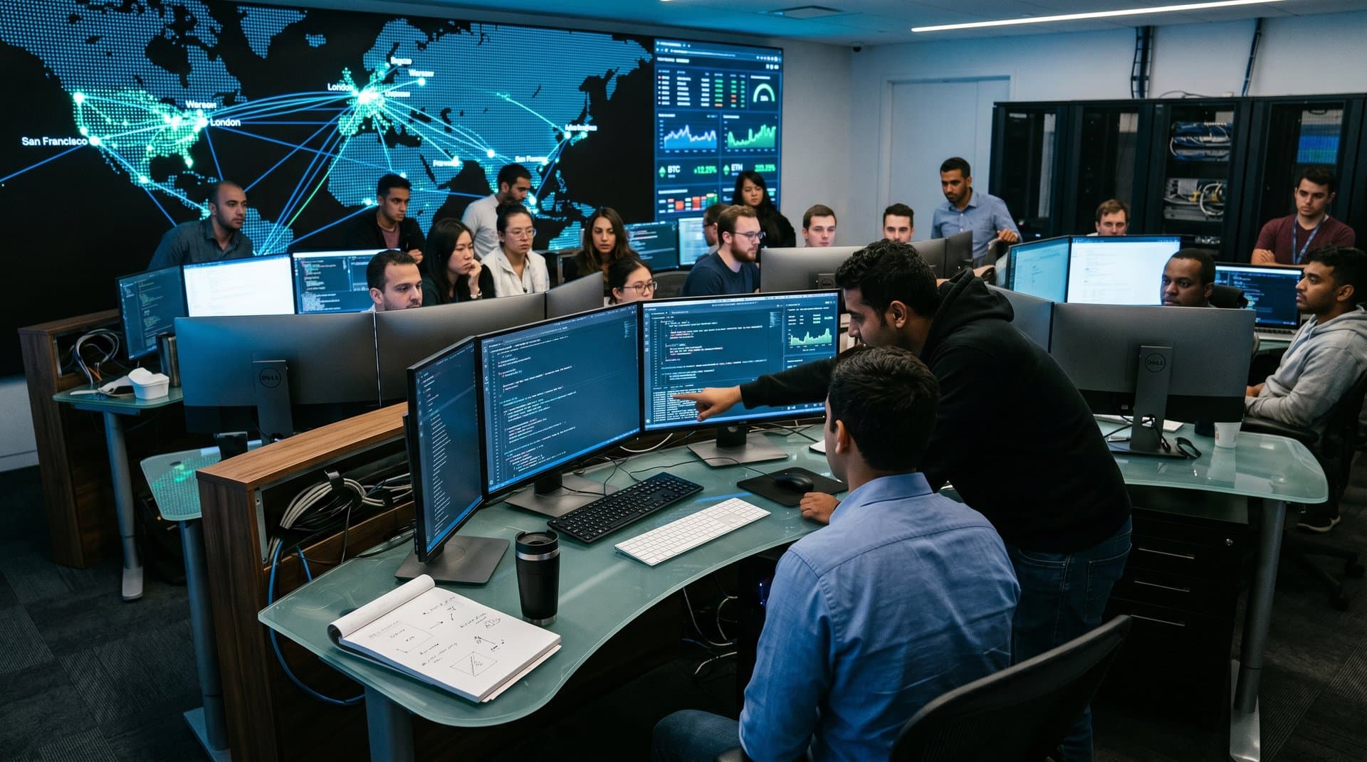 Global digital map connecting Western tech to African and Eastern European hubs with code screens and crypto charts