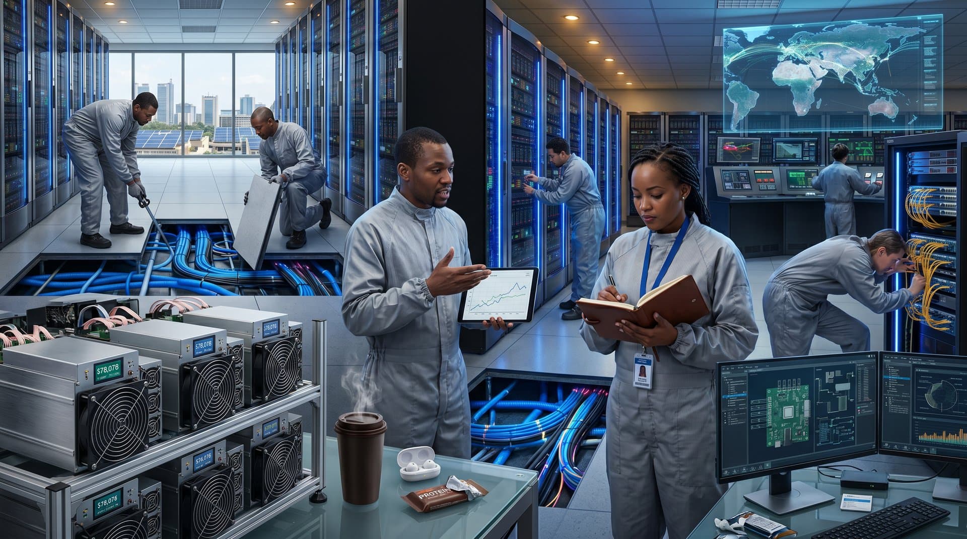 Technicians lift raised floor tiles in Tier IV data center, inspecting cooling pipes amid ASIC server racks and crypto monitoring screens