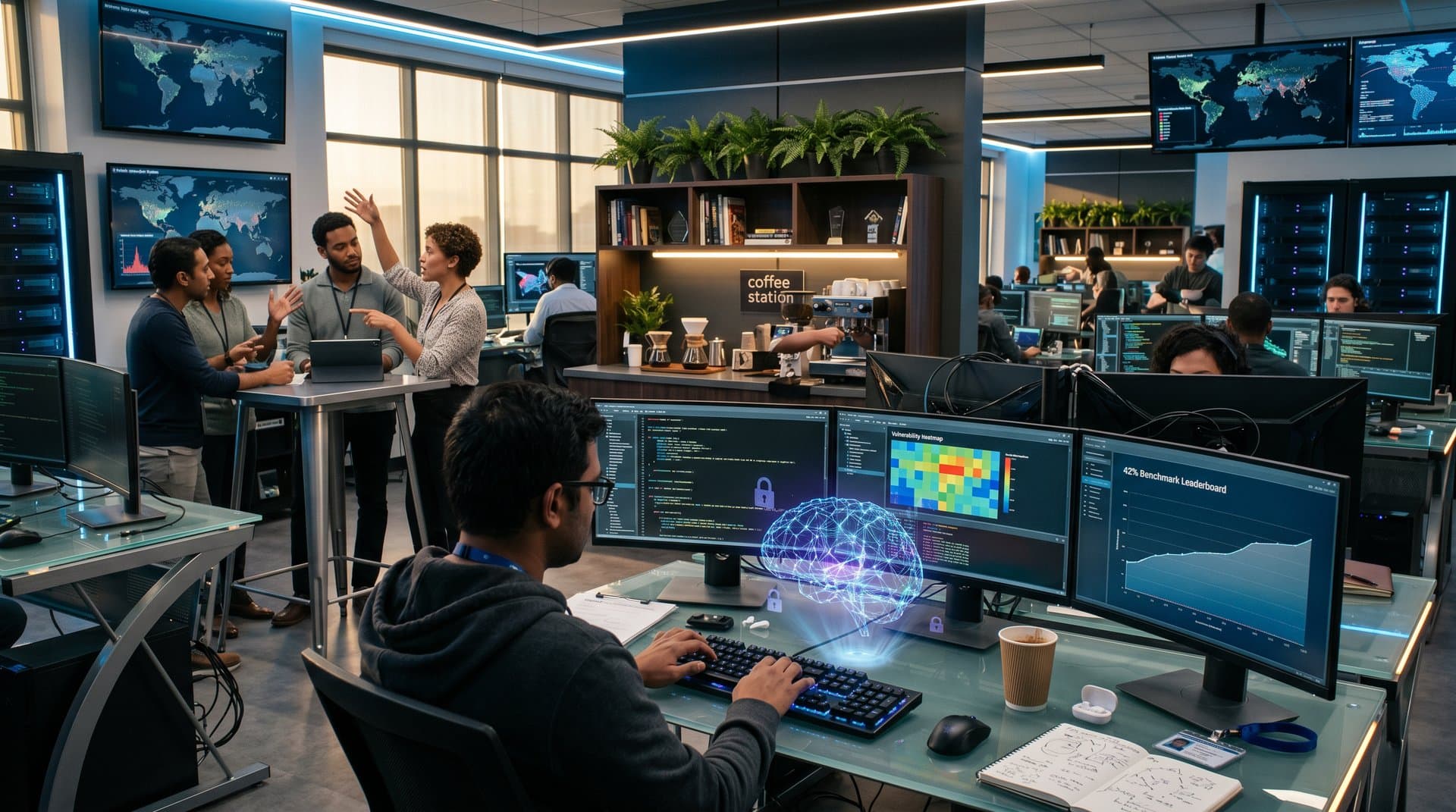 Diverse researchers collaborate on secure AI coding benchmarks in modern lab with code monitors and cybersecurity visuals