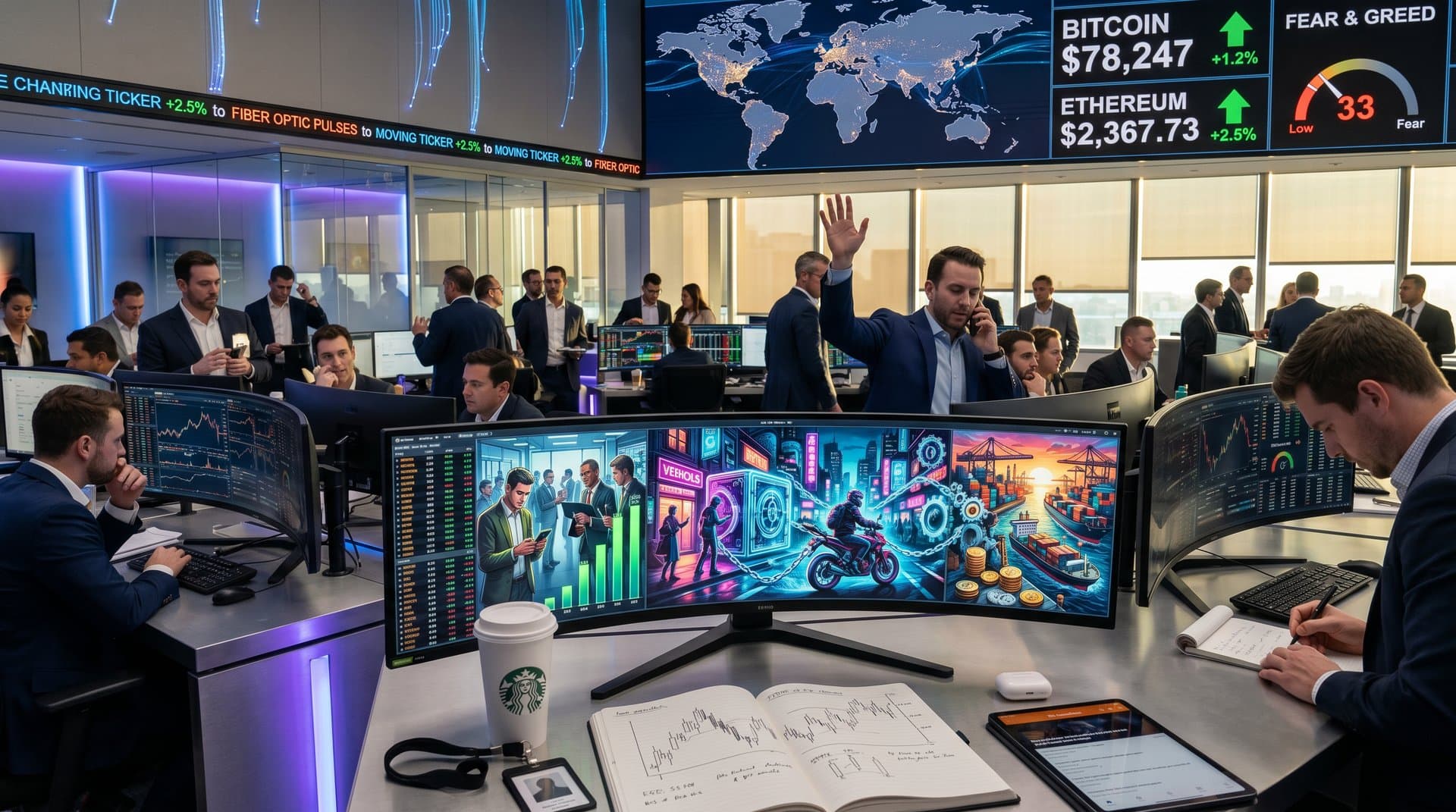 Open book revealing global fintech scenes from Africa, Asia, Latin America with crypto charts at BTC $78K and Fear 33 (89 chars)