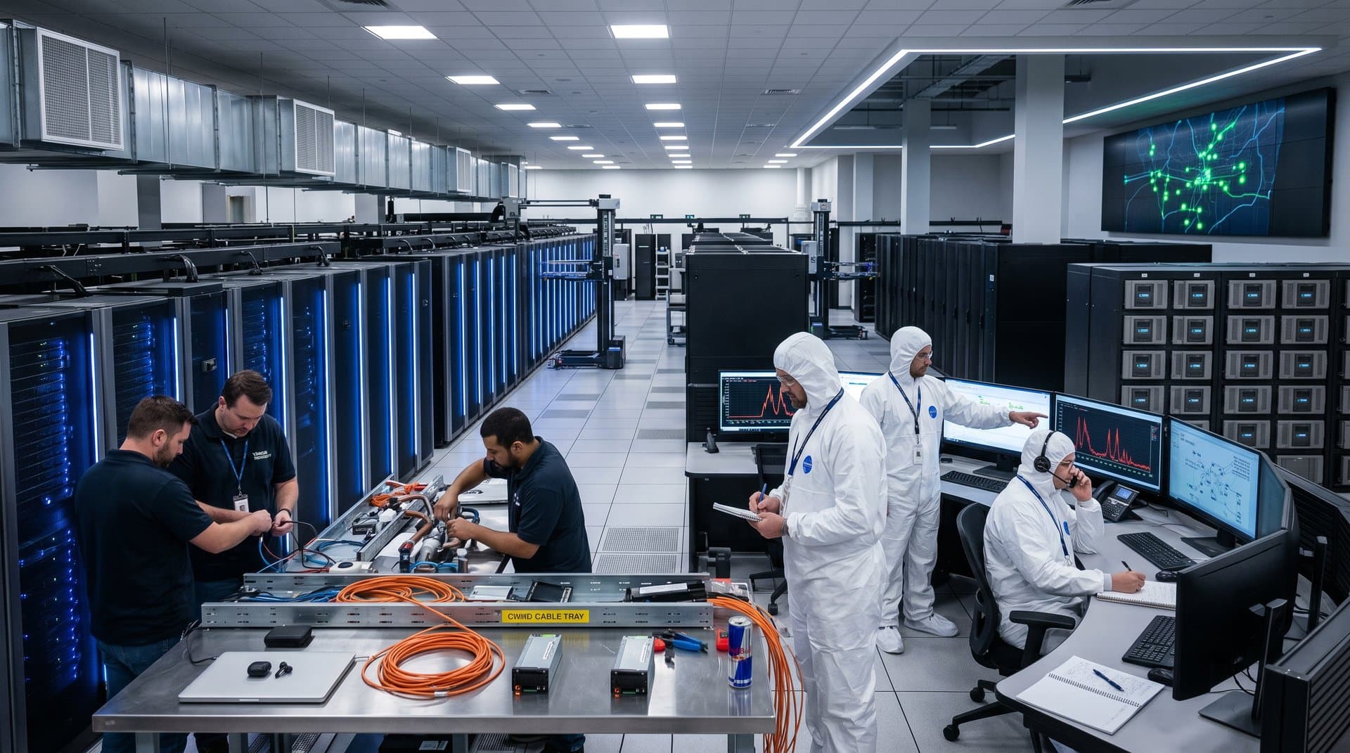 Engineers maintain server racks and monitors in a high-security Tier IV data center with cooling systems and control consoles