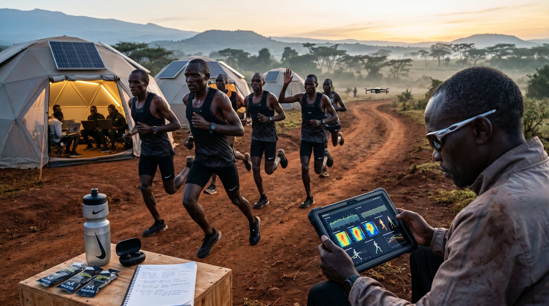 Rift Valley runners train with AI holograms showing pace and biomechanics data amid Kenyan dawn landscape
