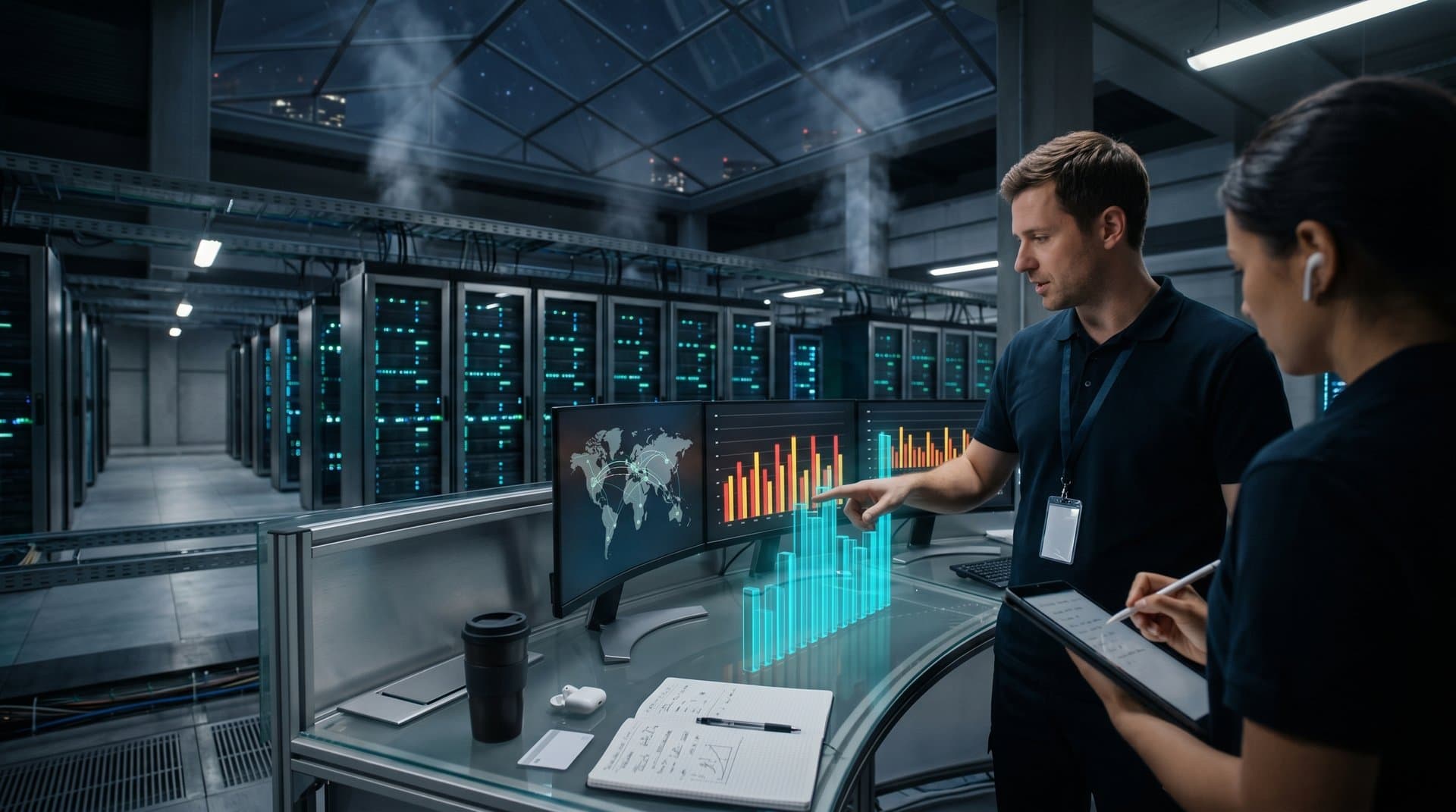 Glowing data center racks and energy dashboards highlight global AI power debates