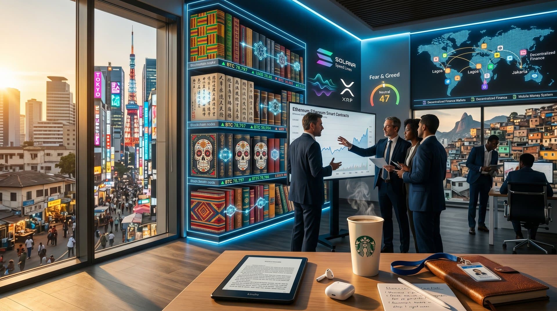 Digital bookshelf with global books, crypto charts, and blockchain elements in tech publishing studio