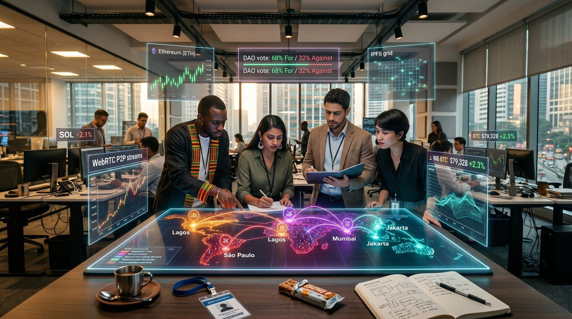 Abstract multiplayer browser dashboard connecting global blockchain users with BTC charts