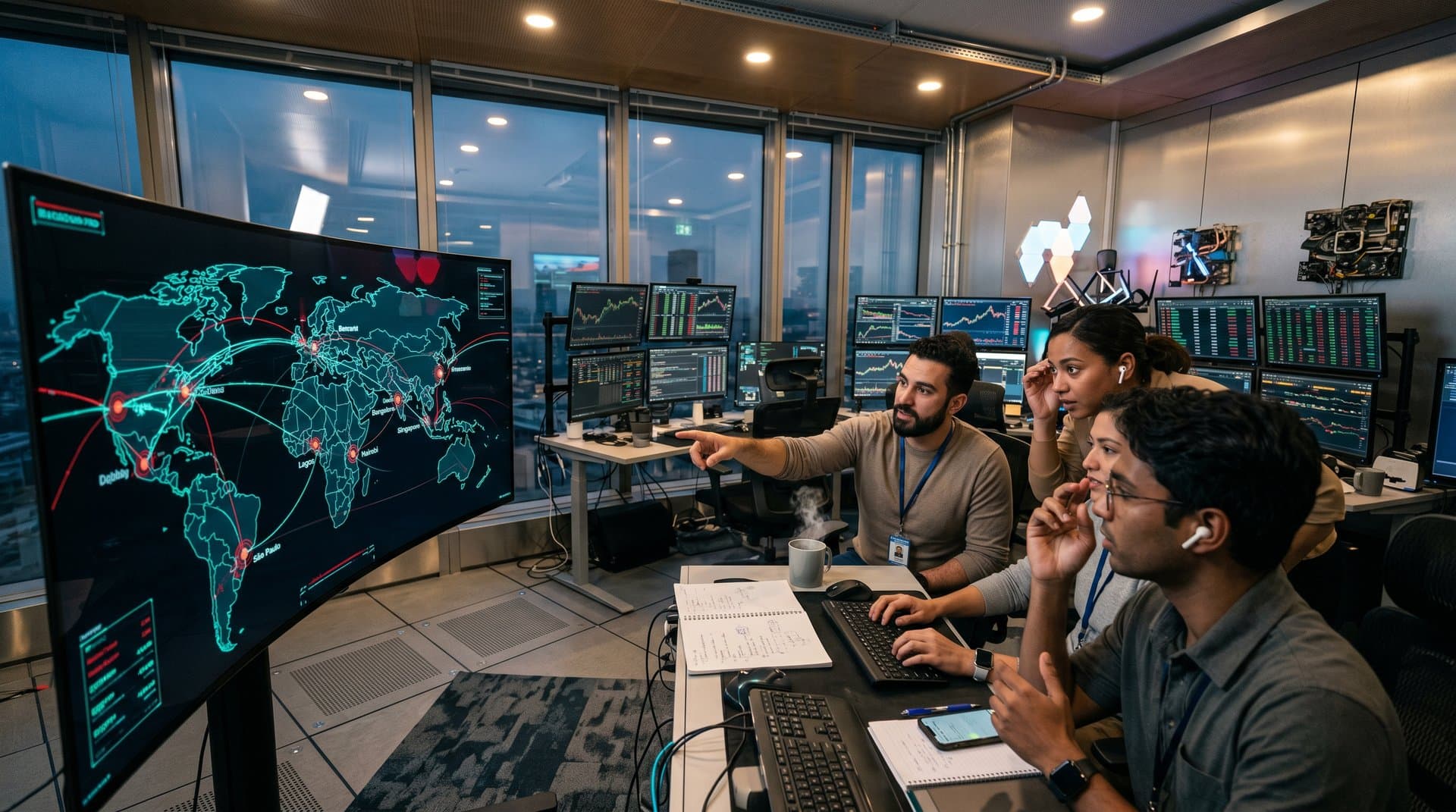 Global blockchain network visualization with Linux timestamps syncing nodes across emerging markets and BTC charts.