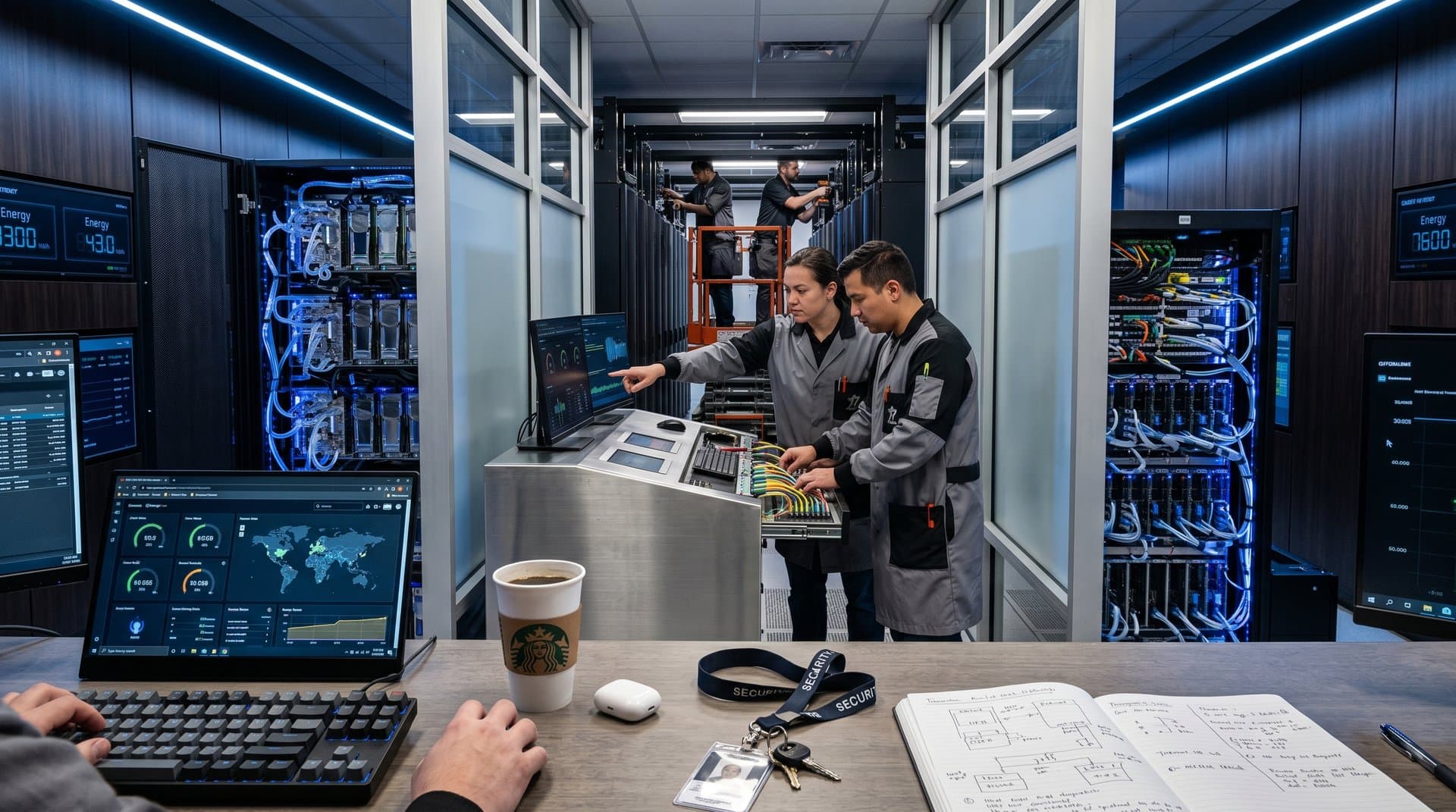High-tech data center with engineers managing power systems, glowing server racks, and advanced monitoring dashboards