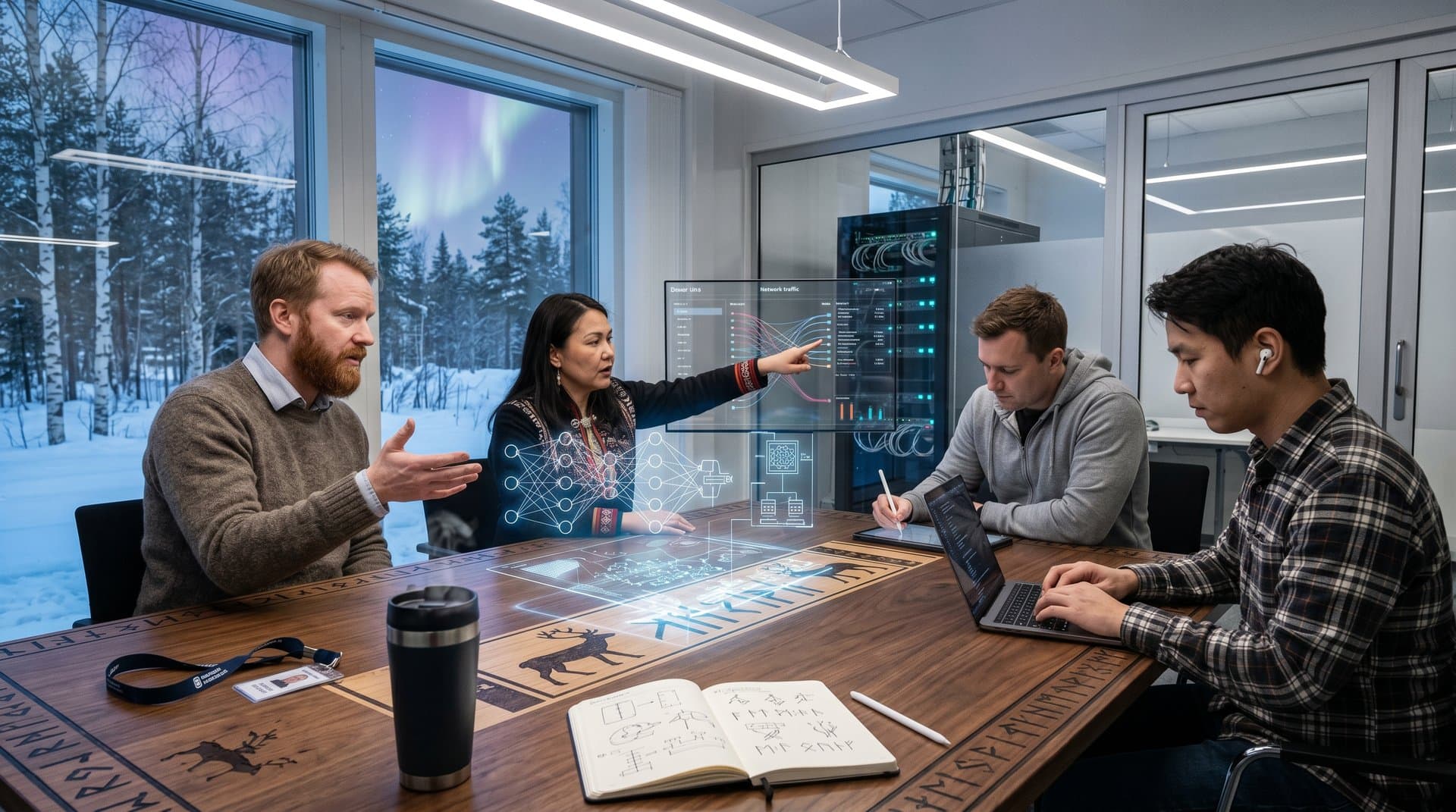 Holographic AI cybersecurity displays in Umeå research hub with northern lights and Sami patterns