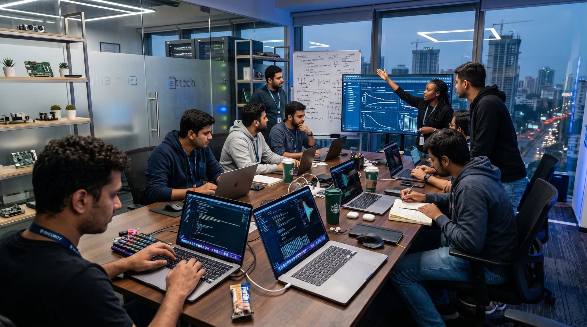 Diverse engineers collaborate on AI models in a modern global lab with server racks, monitors, and city views