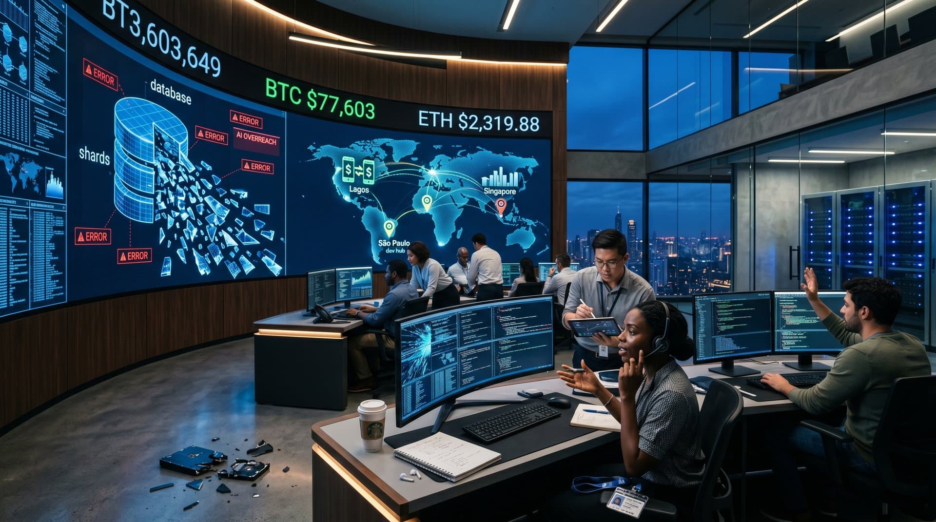 Holographic screens show database destruction alerts and BTC charts in global AI control room with world map highlights