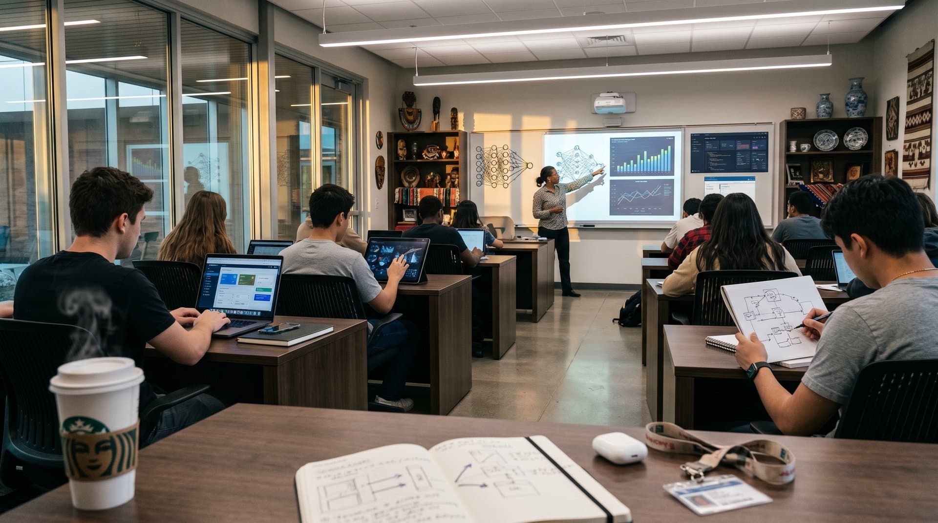 High-tech university classroom with AI tools, crypto charts, and global cultural elements focused on cybersecurity and inclusive education.