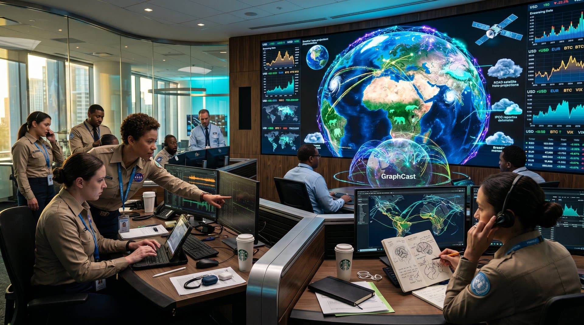 Abstract AI neural networks merging global climate data from diverse regions into unified models