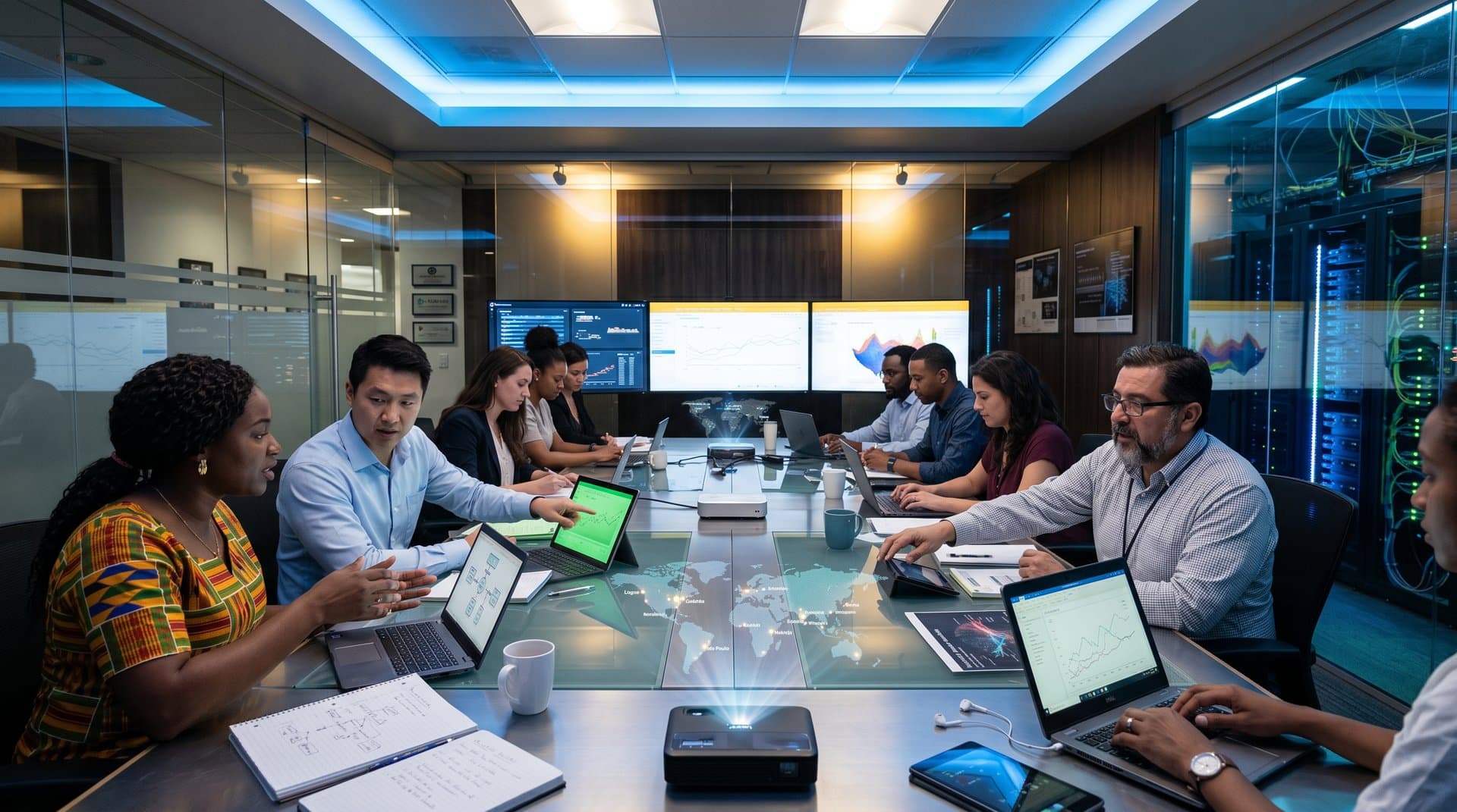 Futuristic tech hub with global maps, AI cybersecurity visuals, and BTC charts on screens around a collaboration table.