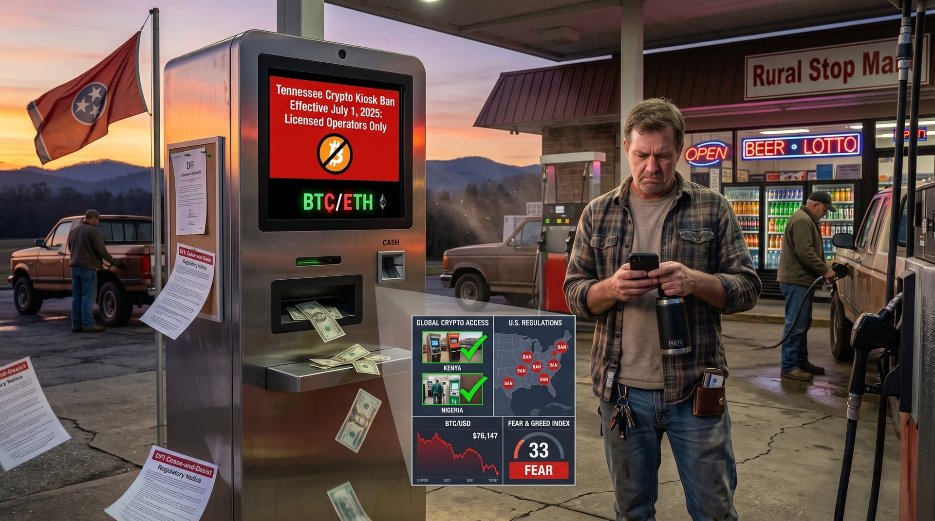 Crypto kiosk in Tennessee gas station marked banned from July 1 2025 with BTC charts and regulatory overlay