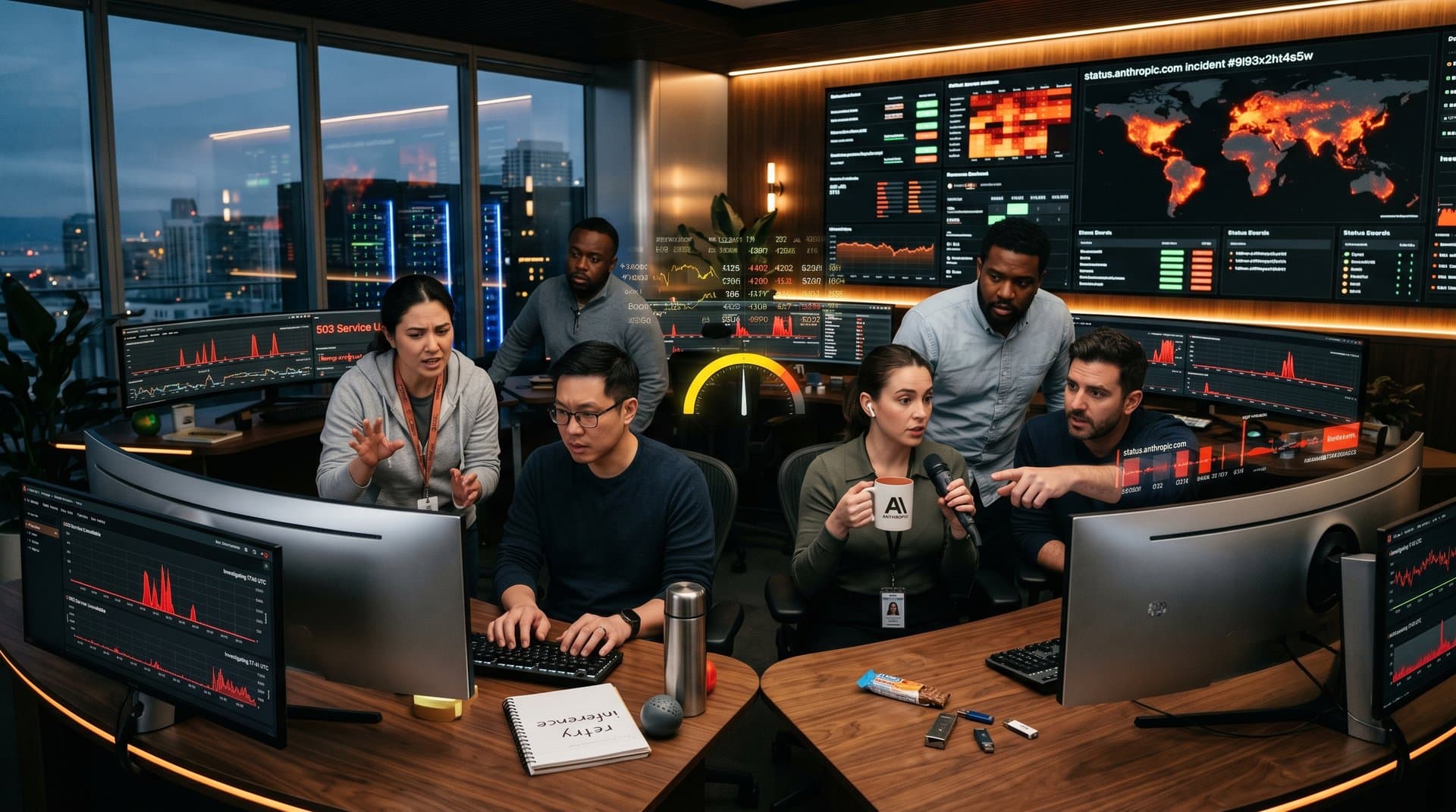 Monitors display Claude API outage errors and graphs in modern AI engineering control room with server views and Bay Area light