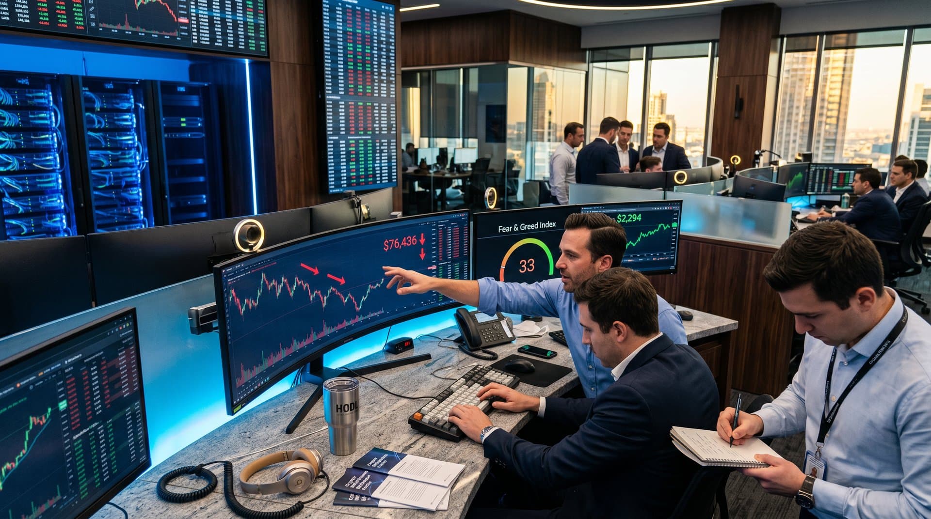 Multi-monitor trading desk with BTC $76K charts, keyboard, and modern office elements
