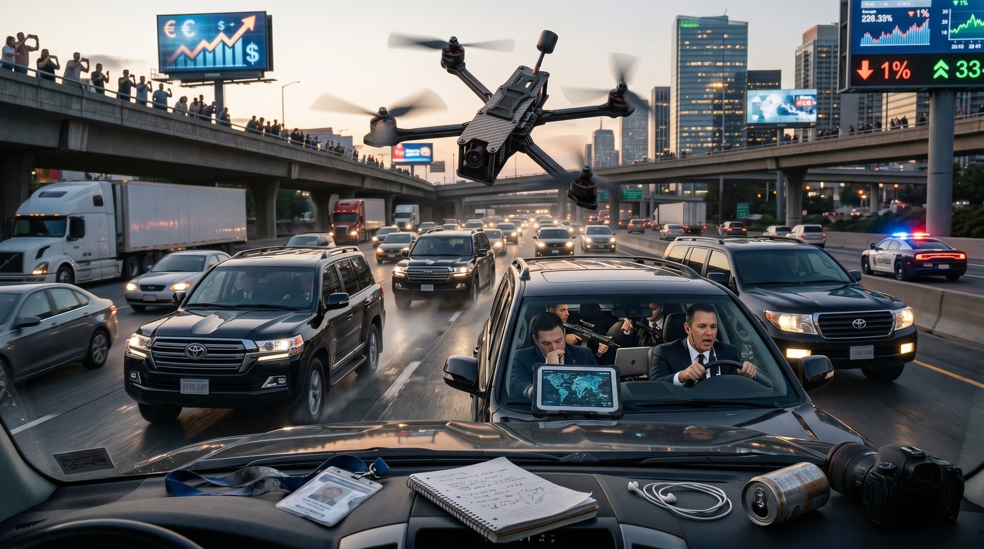 Drone evades dissolving no-fly zones over ICE convoy in global urban airspace with cybersecurity overlays