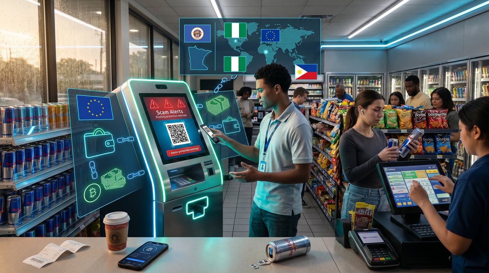 Crypto ATM kiosk with scam warnings and global regulation maps in fintech style