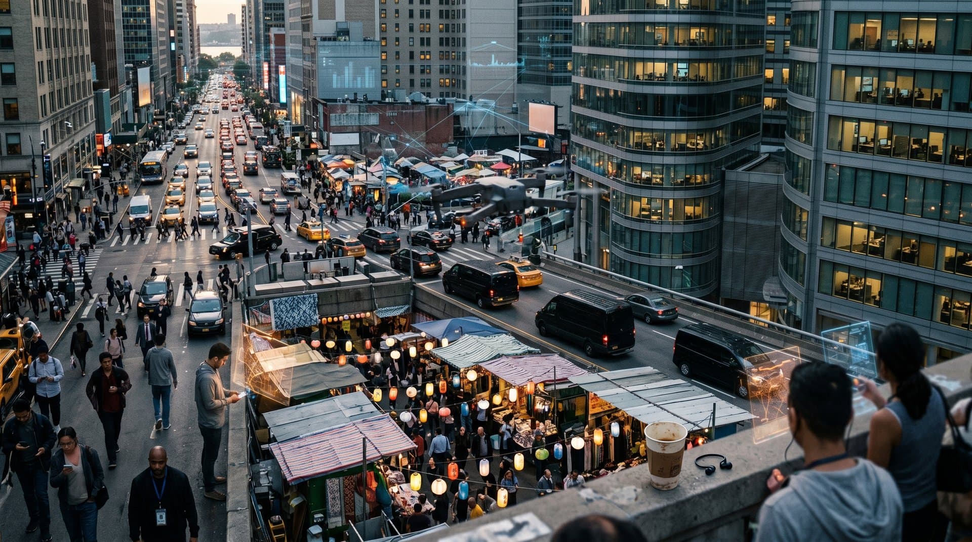 Drone navigating urban airspace with dissolving no-fly zones over city streets