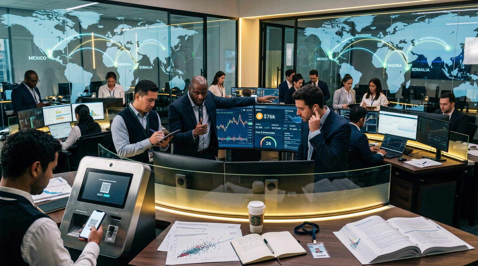 Diverse fintech analysts review crypto charts and Minnesota crypto ATM ban regulatory data in modern global office