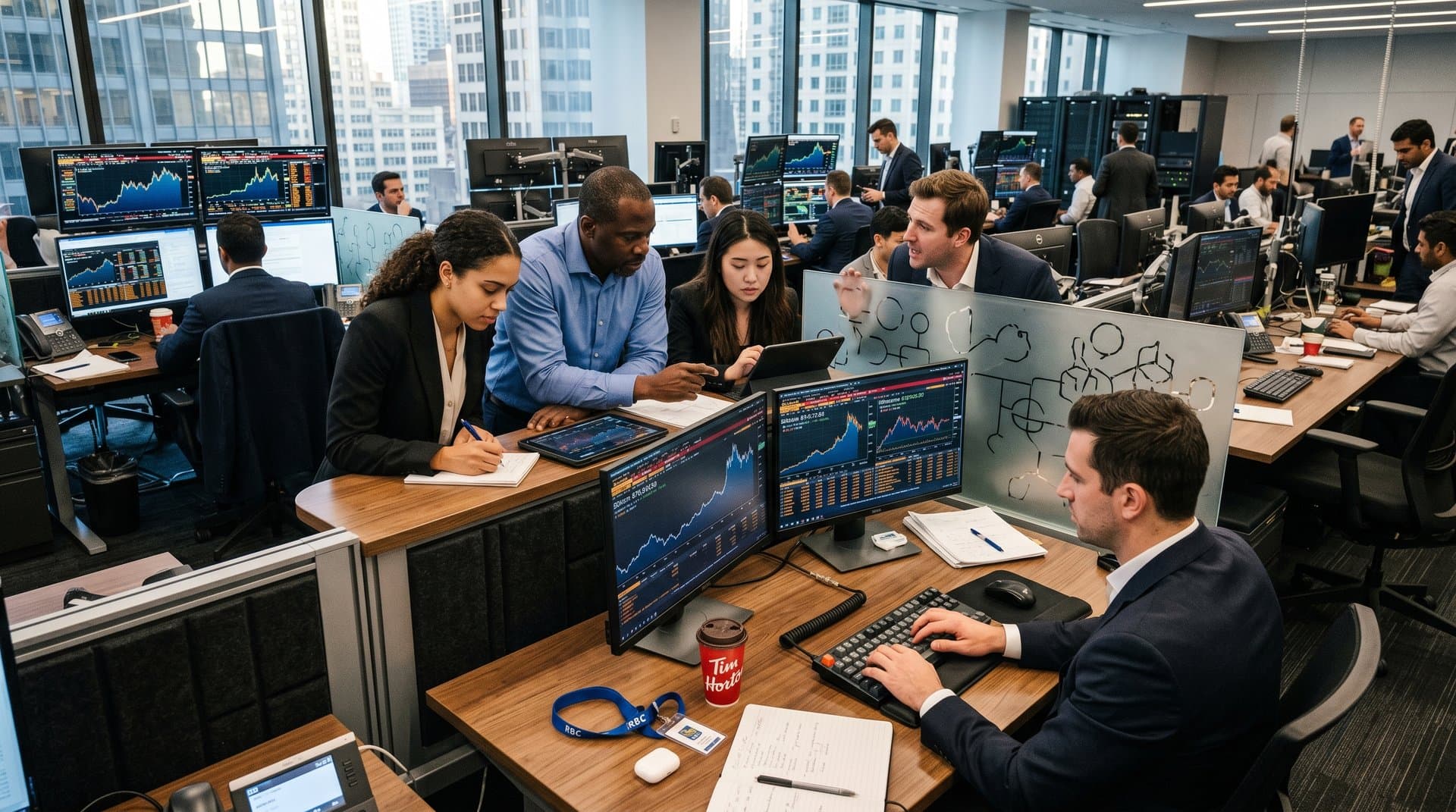 Analysts at modern Toronto trading desks with Bloomberg terminals showing BTC charts, coffee cups, and blockchain diagrams amid glass partitions